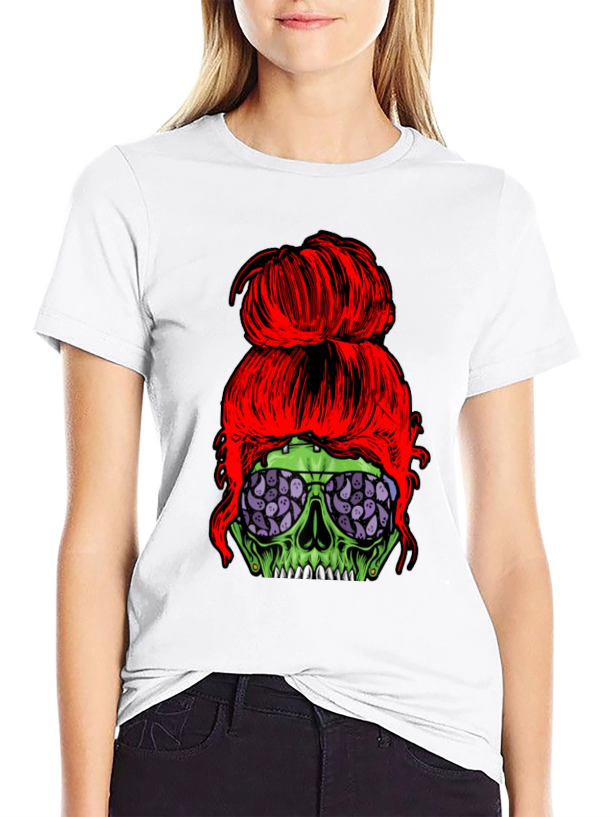 Messy Bun Zombie Skull T-Shirt - Halloween Style