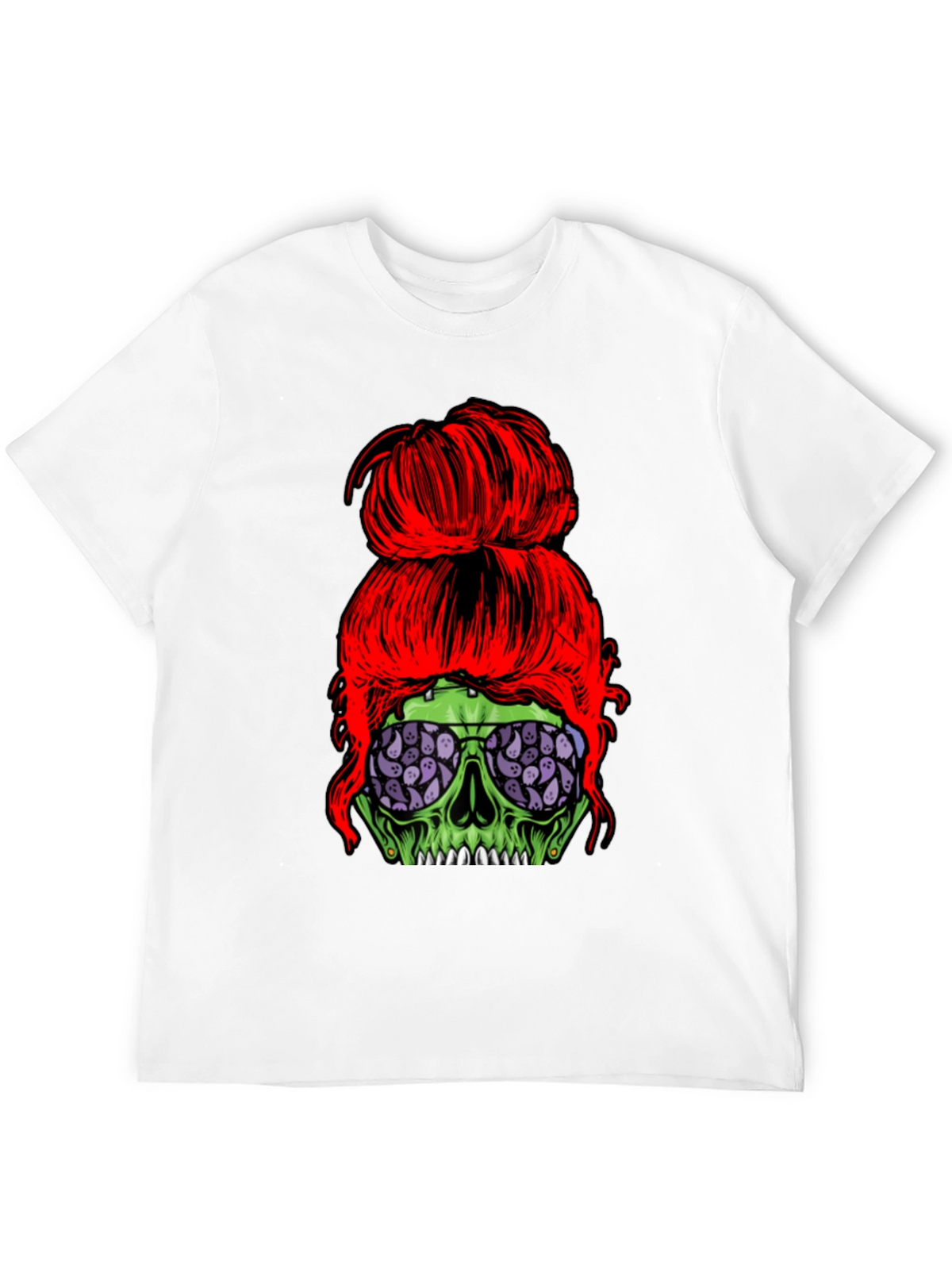 Messy Bun Zombie Skull T-Shirt - Halloween Style