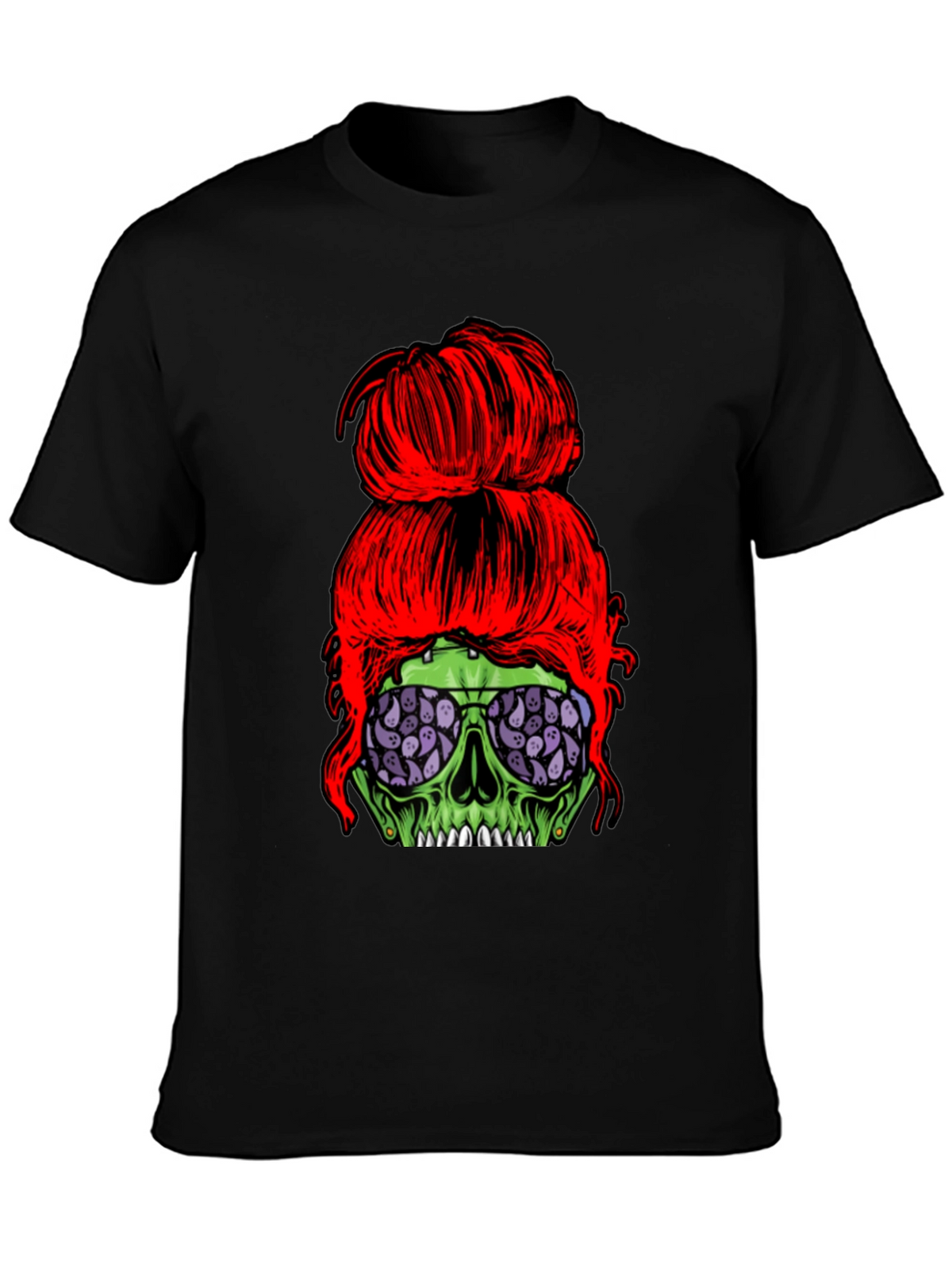 Messy Bun Zombie Skull T-Shirt - Halloween Style