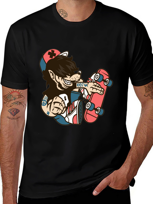 Skater Wolf Graphic Tee - Cool Cartoon T-Shirt