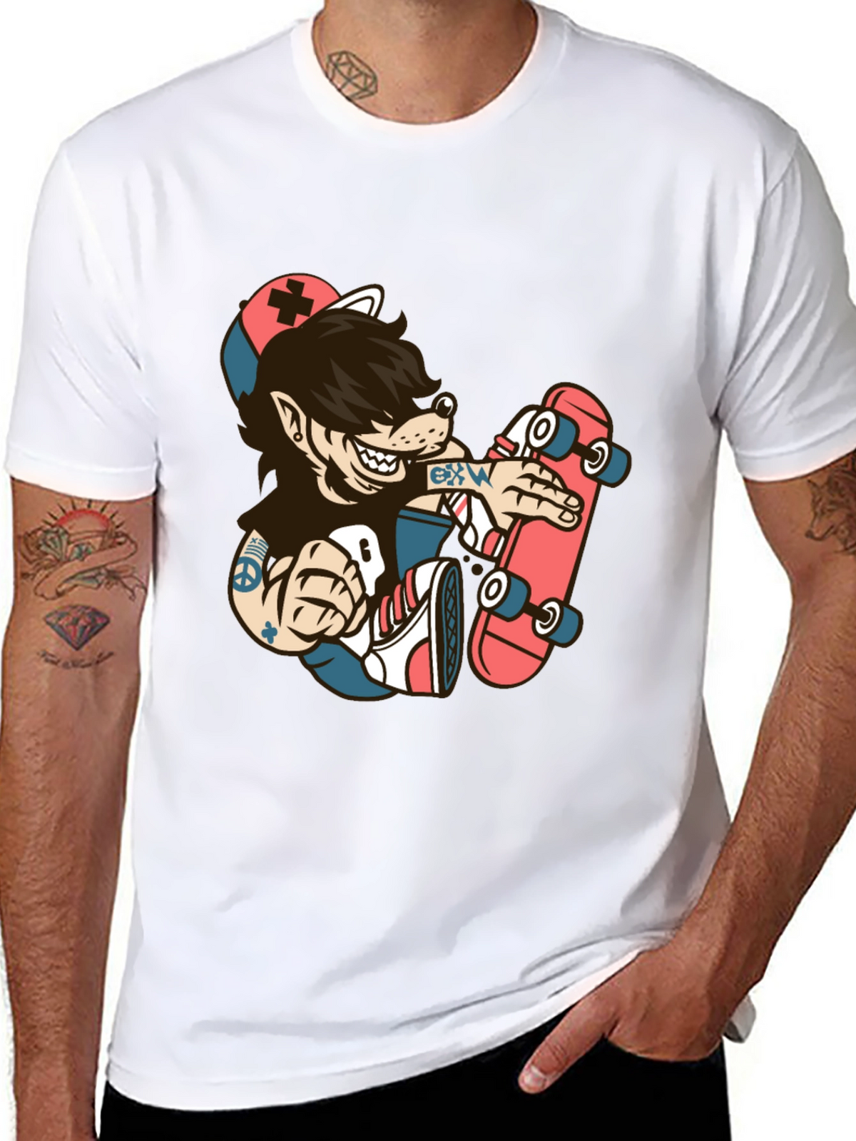 Skater Wolf Graphic Tee - Cool Cartoon T-Shirt