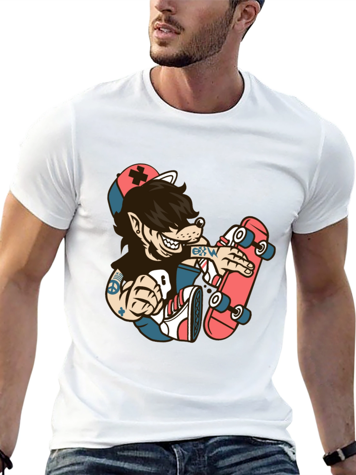 Skater Wolf Graphic Tee - Cool Cartoon T-Shirt