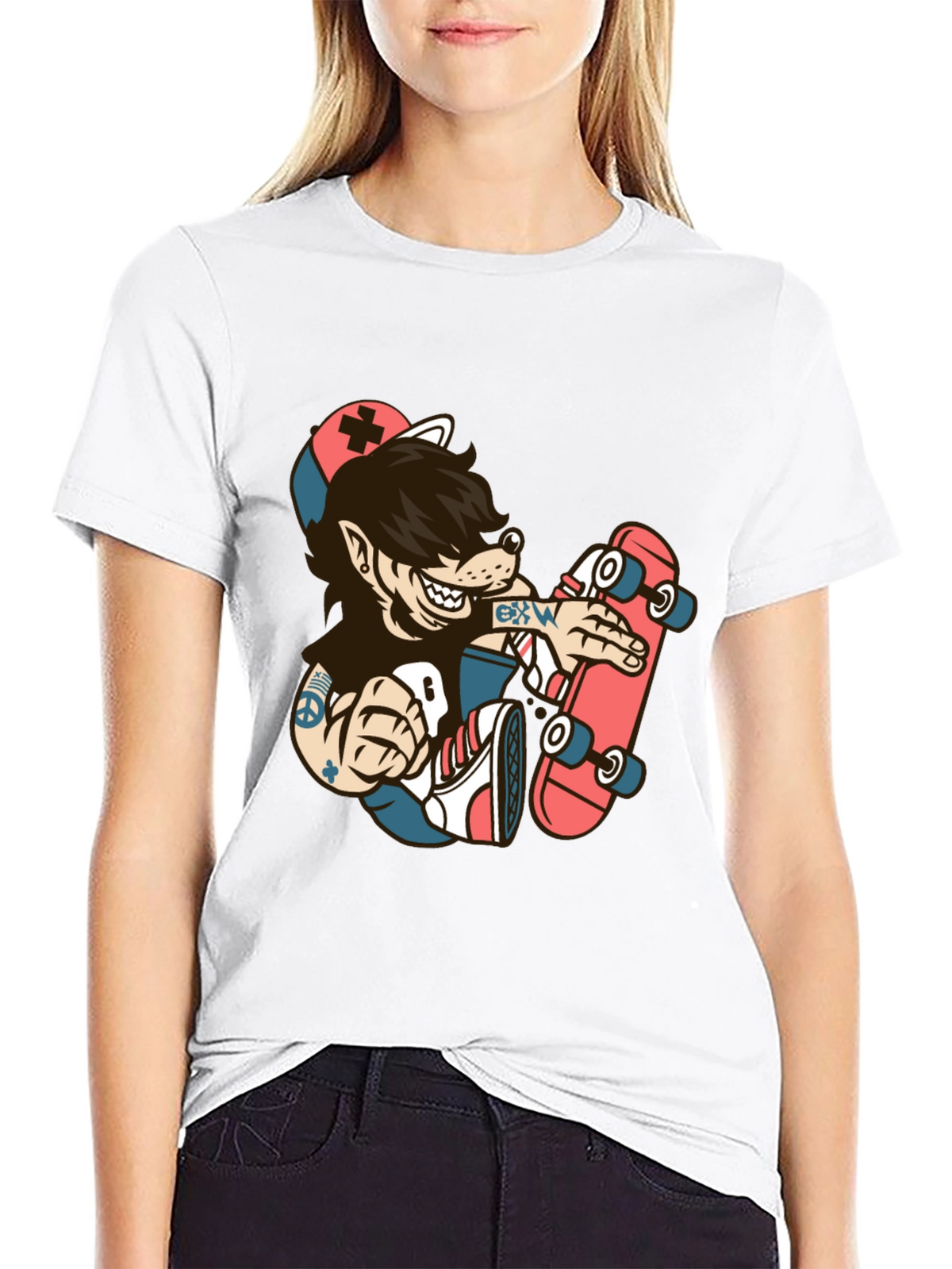 Skater Wolf Graphic Tee - Cool Cartoon T-Shirt