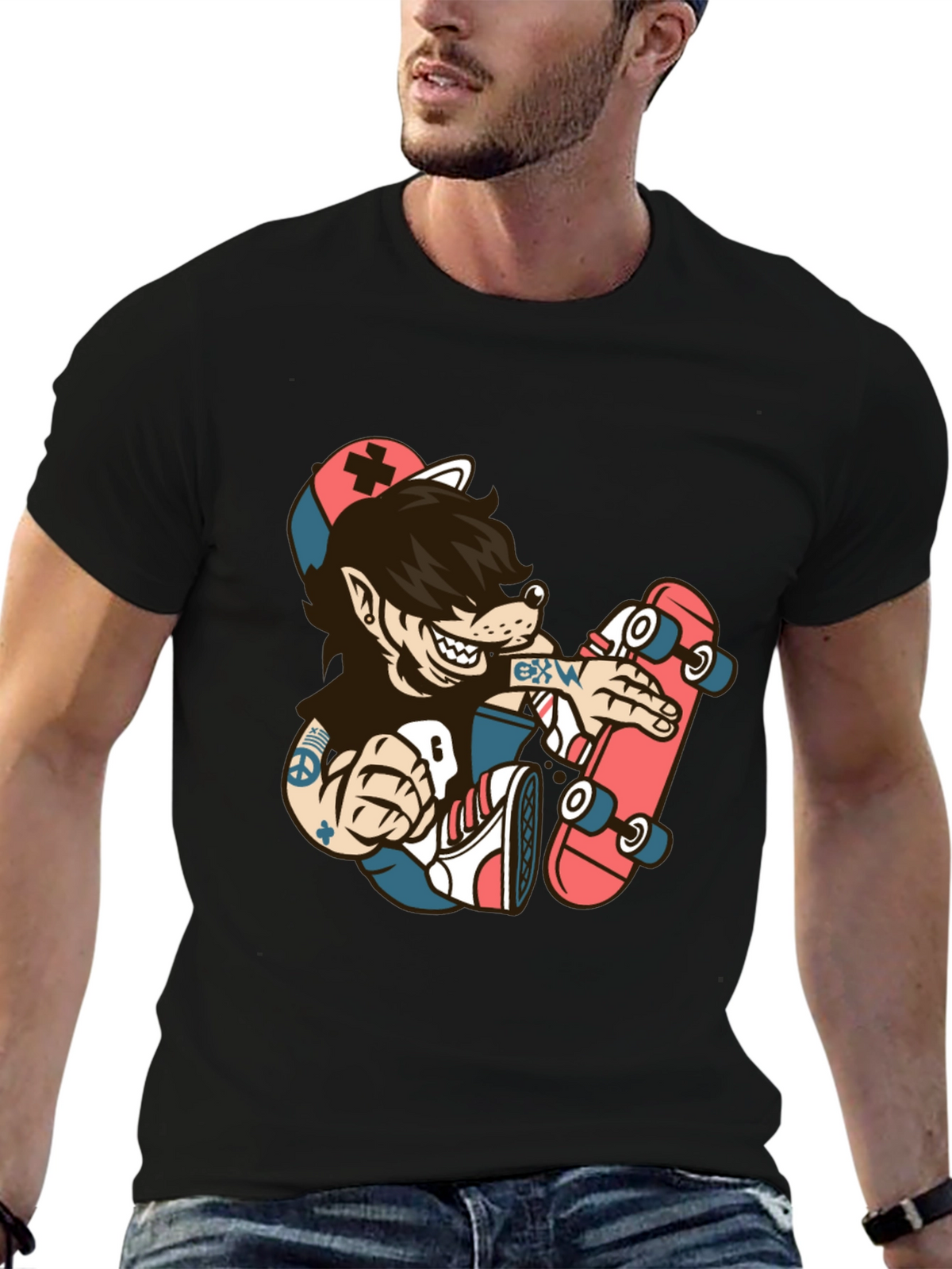 Skater Wolf Graphic Tee - Cool Cartoon T-Shirt