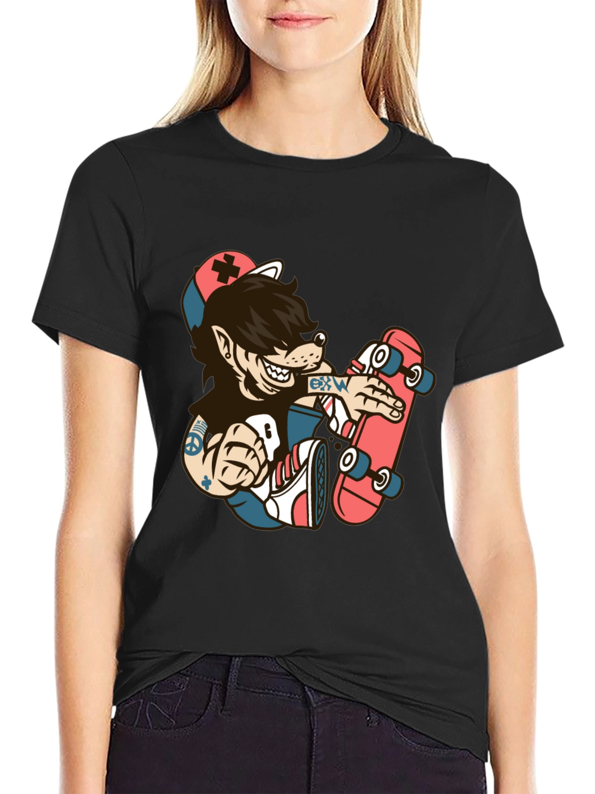 Skater Wolf Graphic Tee - Cool Cartoon T-Shirt