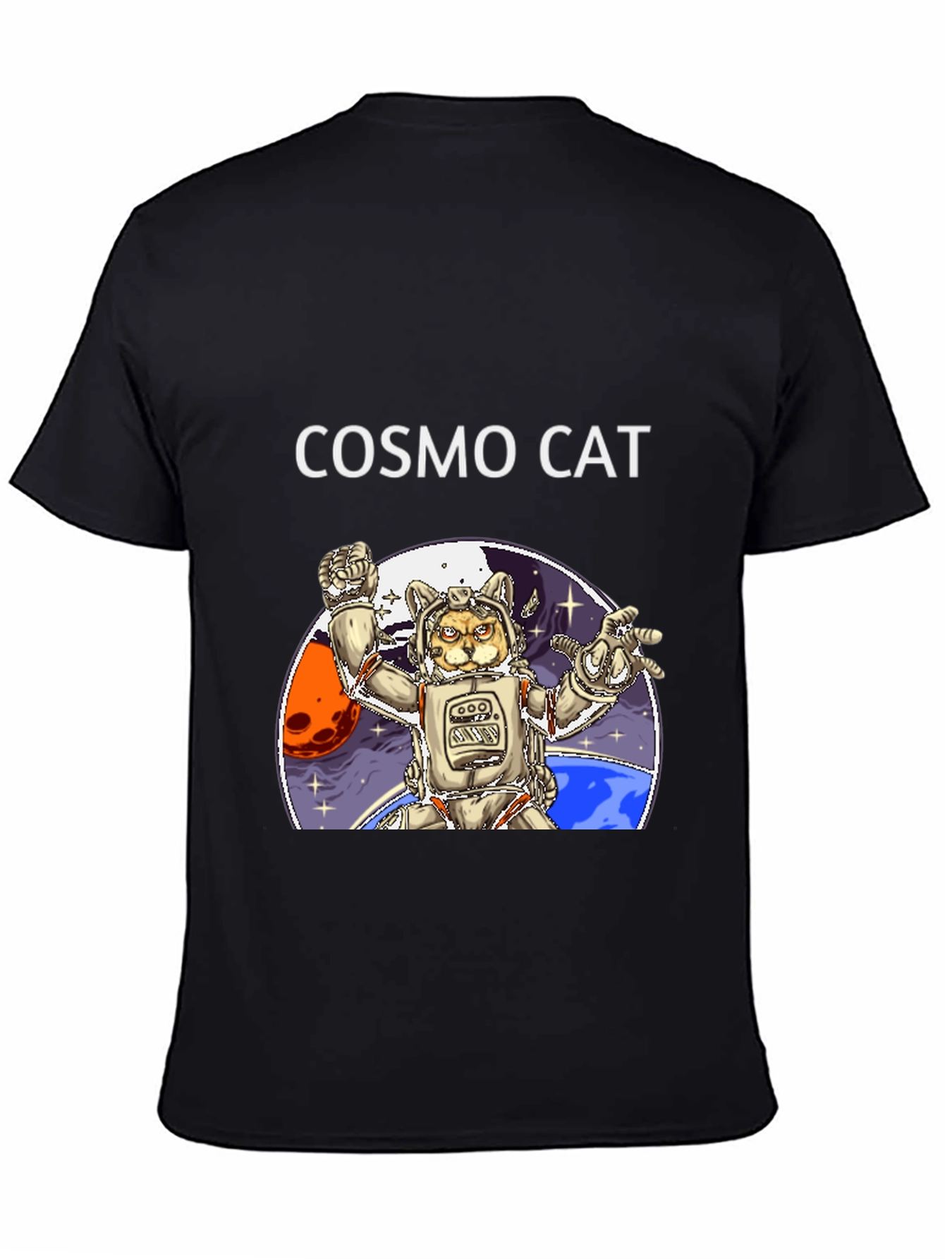 Cosmo Cat Black T-Shirt - Space Adventure
