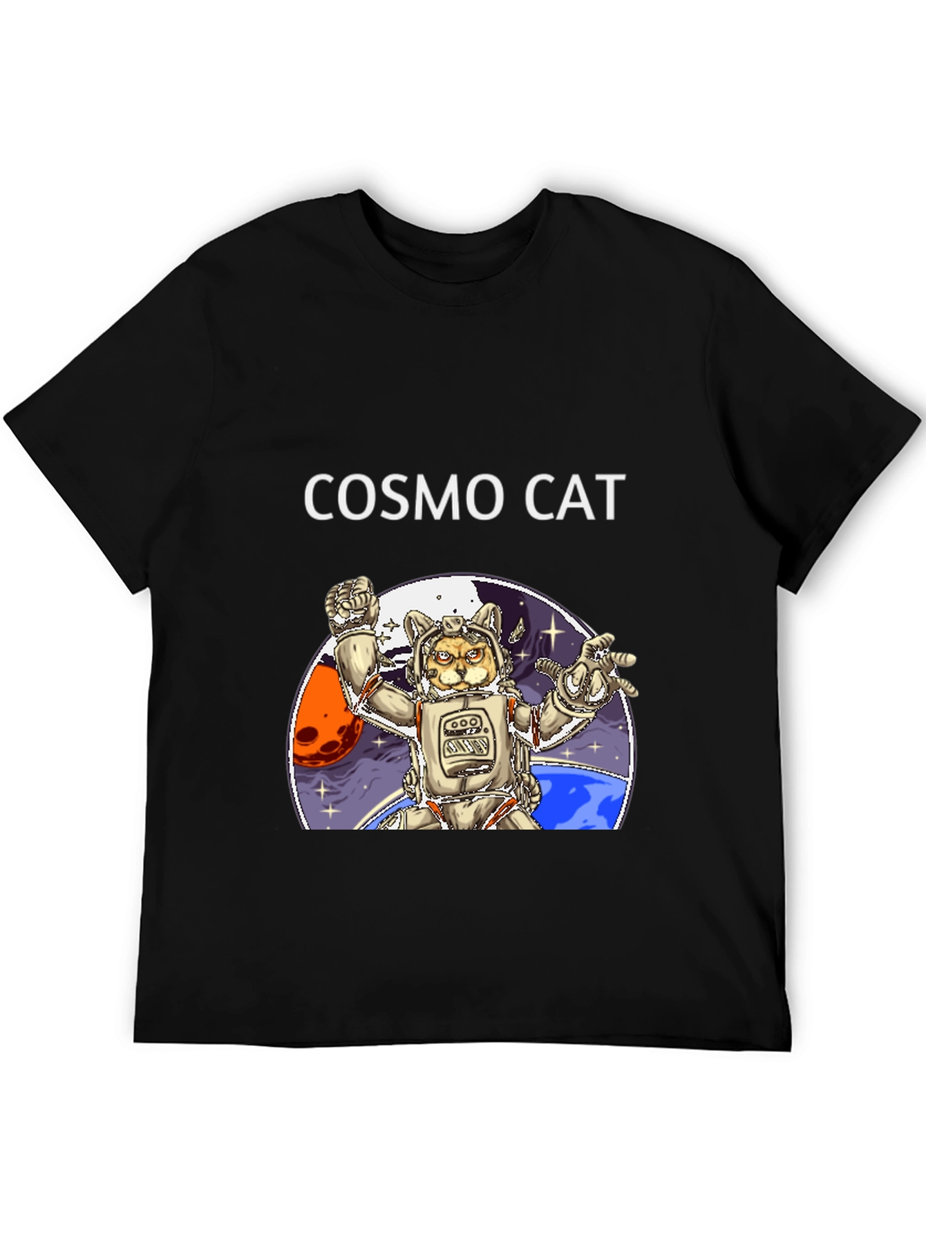 Cosmo Cat Black T-Shirt - Space Adventure
