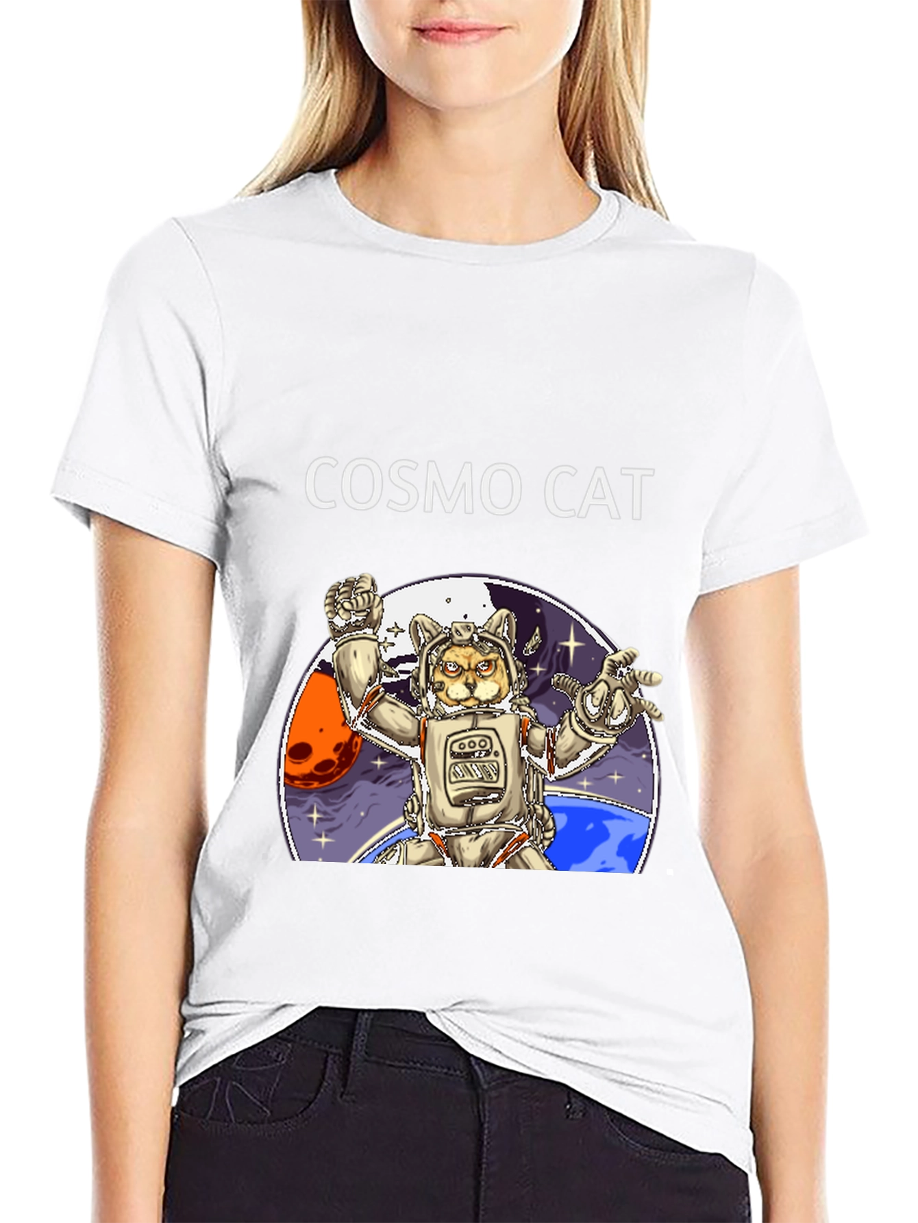 Cosmo Cat Black T-Shirt - Space Adventure