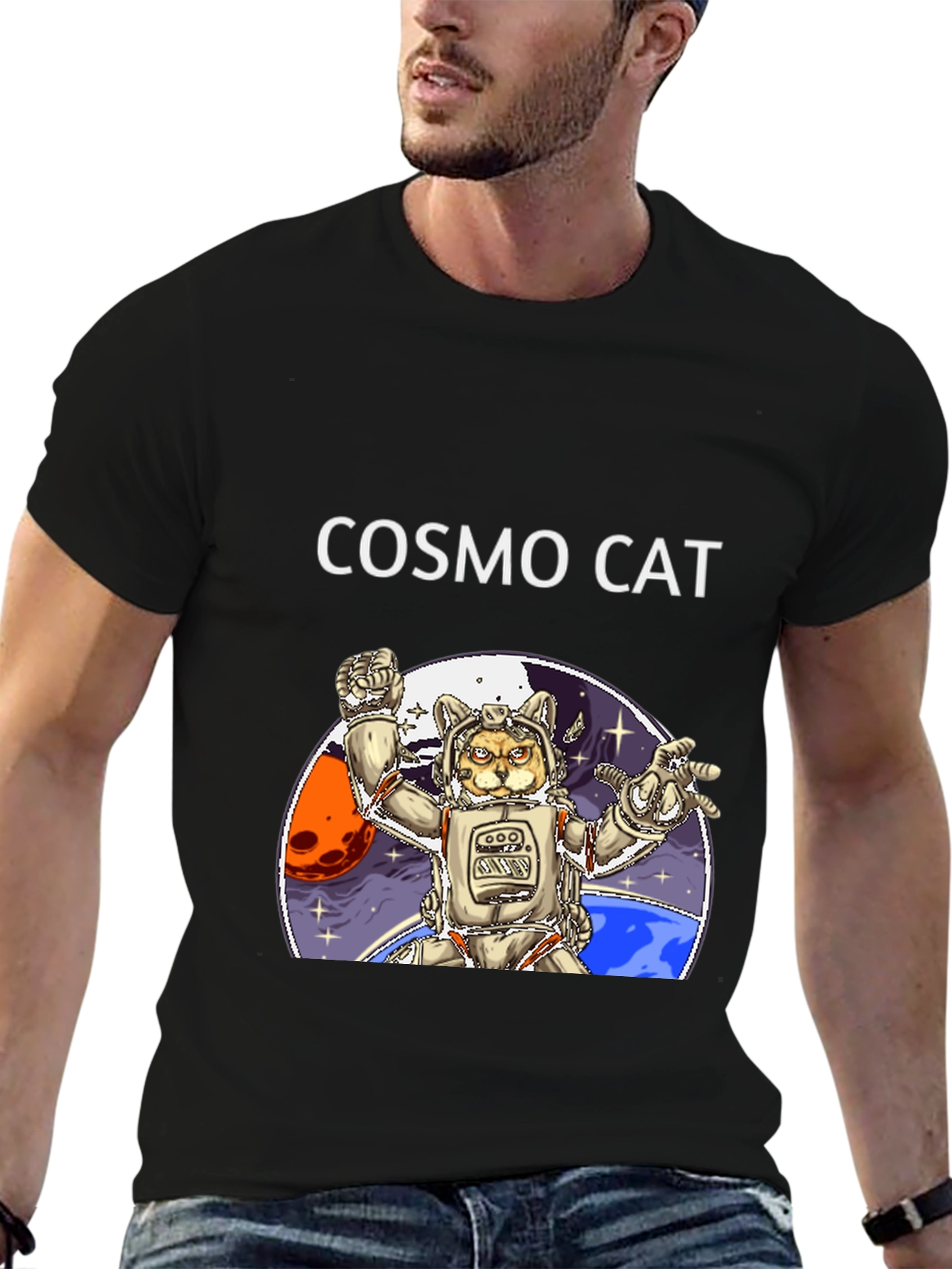 Cosmo Cat Black T-Shirt - Space Adventure