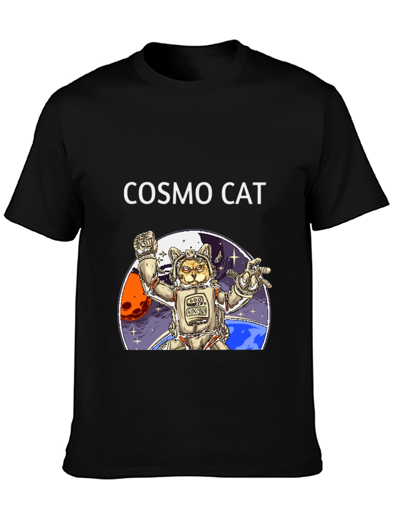 Cosmo Cat Black T-Shirt - Space Adventure