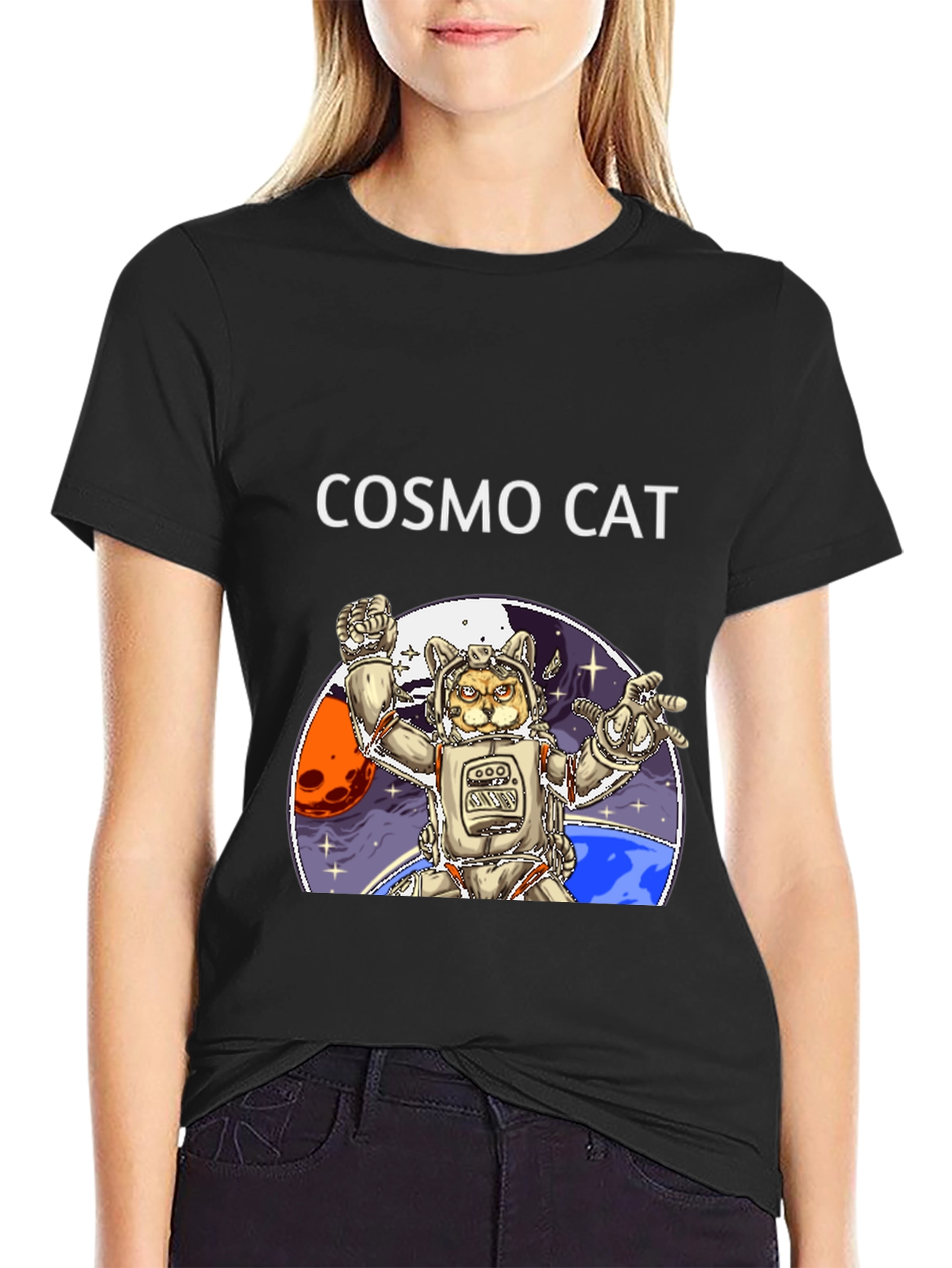 Cosmo Cat Black T-Shirt - Space Adventure