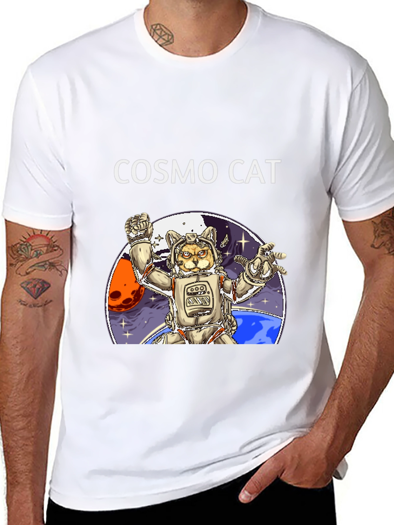 Cosmo Cat Black T-Shirt - Space Adventure