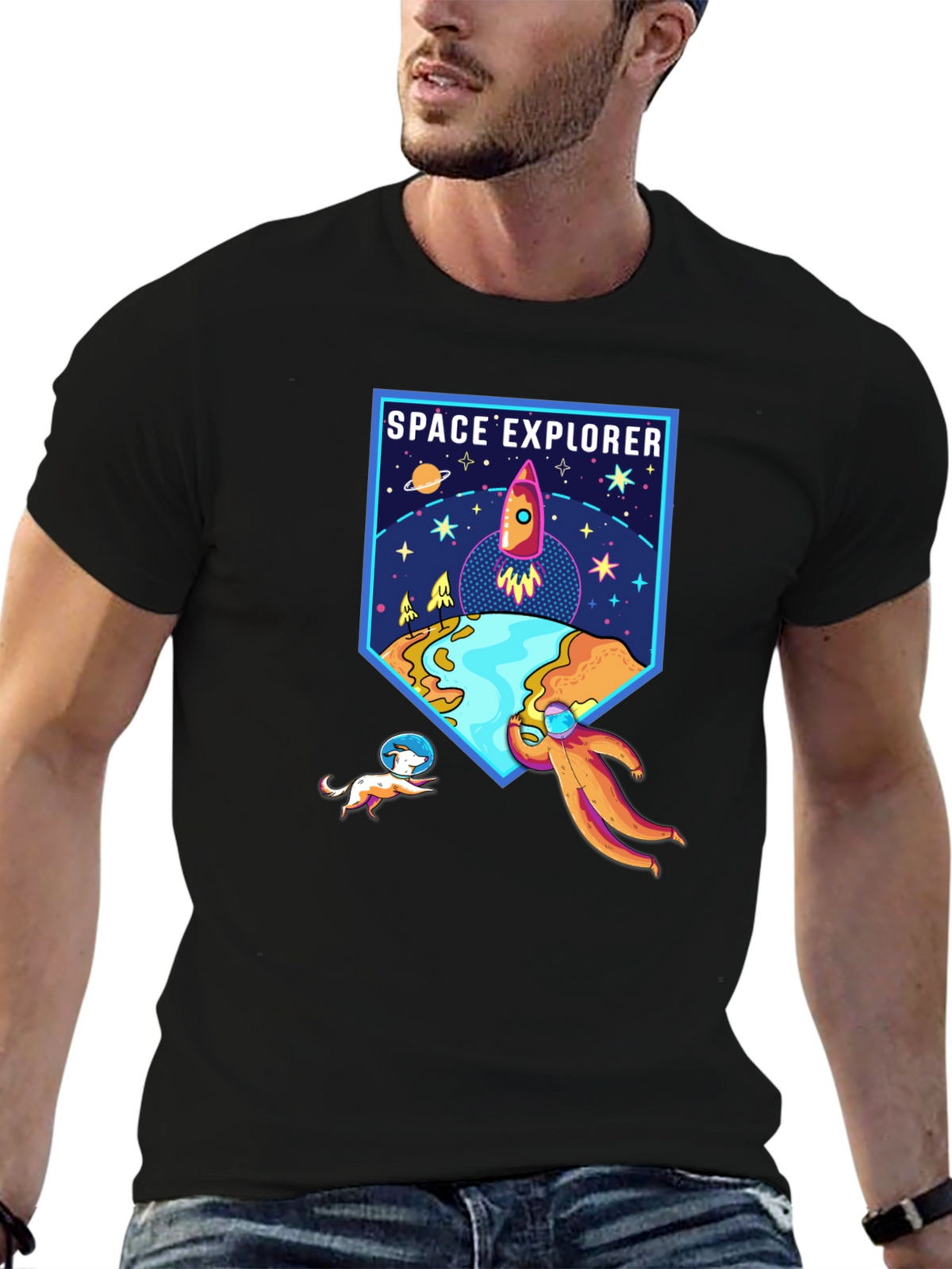 Space Explorer Graphic Tee - Black Cotton Shirt