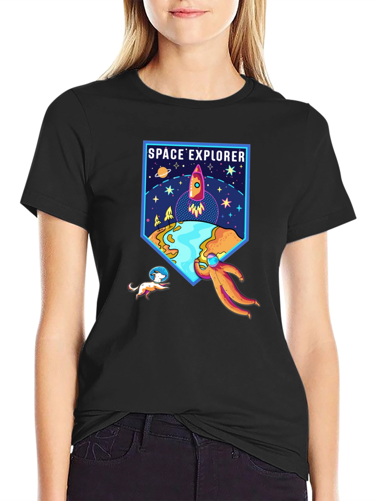 Space Explorer Graphic Tee - Black Cotton Shirt