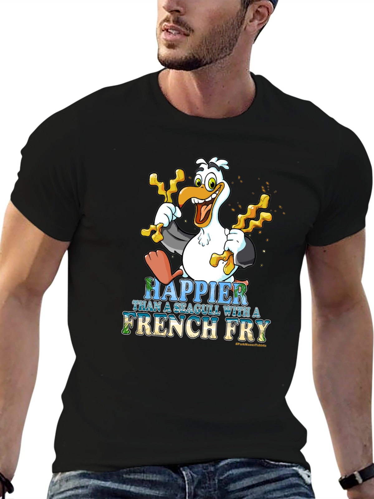 Happier Than a Seagull With French Fry Black T-Shirt
