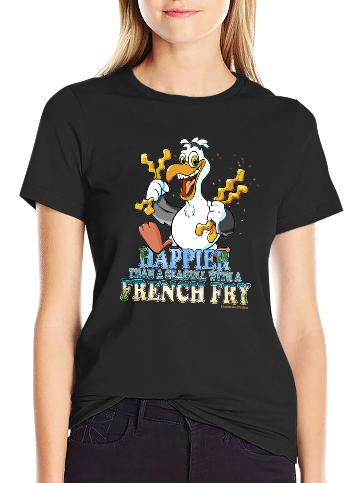 Happier Than a Seagull With French Fry Black T-Shirt