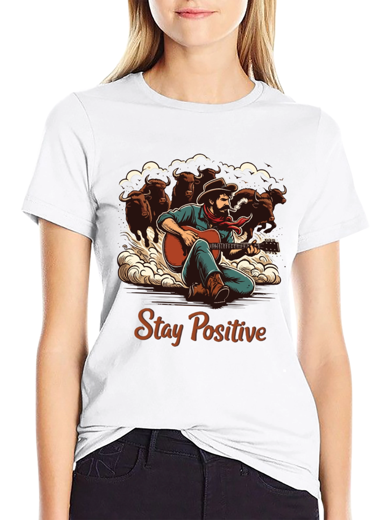 Stay Positive Cowboy Guitar Graphic T-Shirt