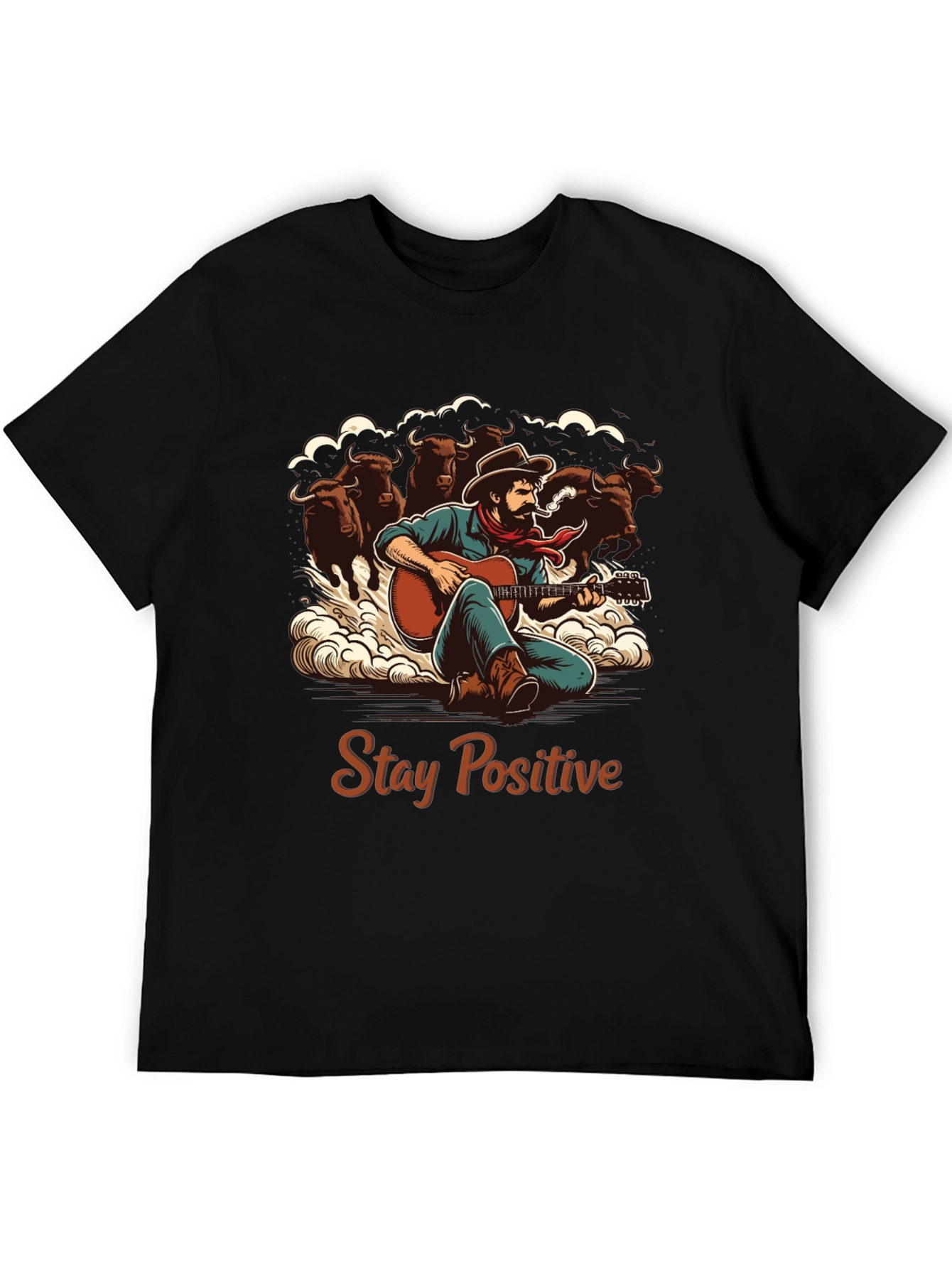 Stay Positive Cowboy Guitar Graphic T-Shirt