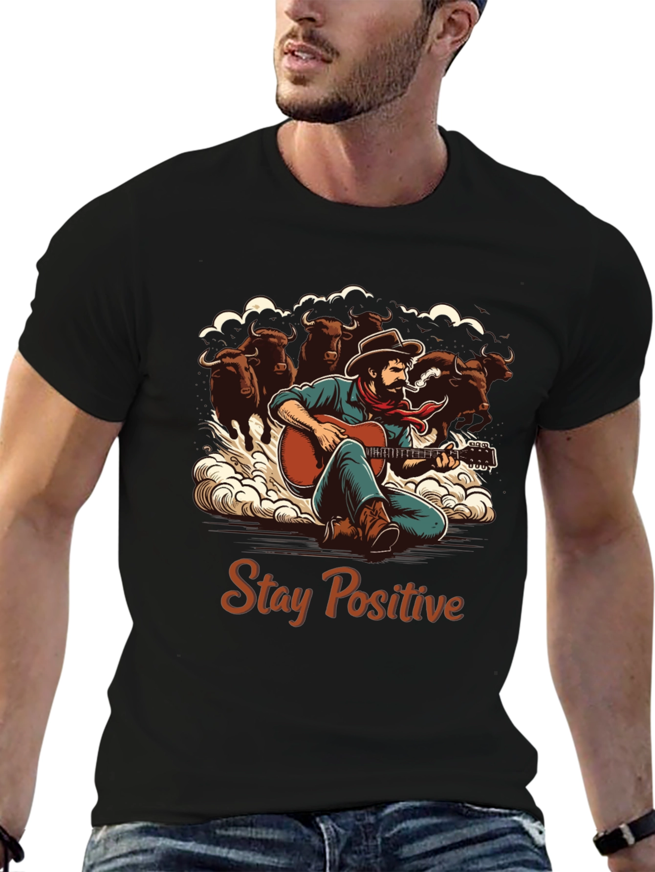 Stay Positive Cowboy Guitar Graphic T-Shirt