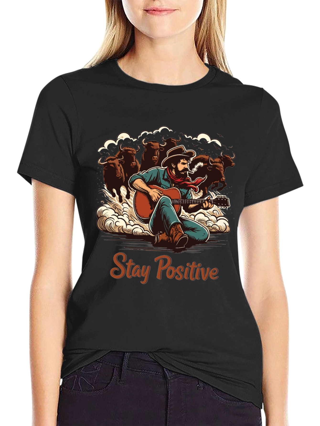 Stay Positive Cowboy Guitar Graphic T-Shirt