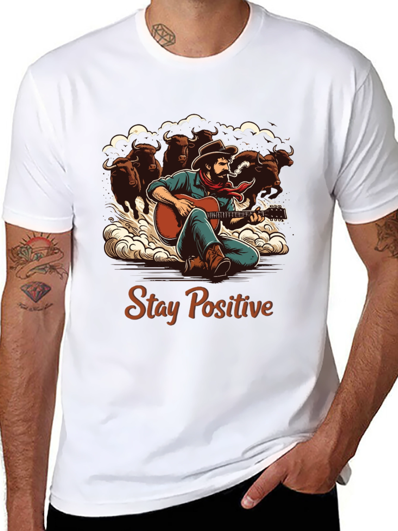 Stay Positive Cowboy Guitar Graphic T-Shirt