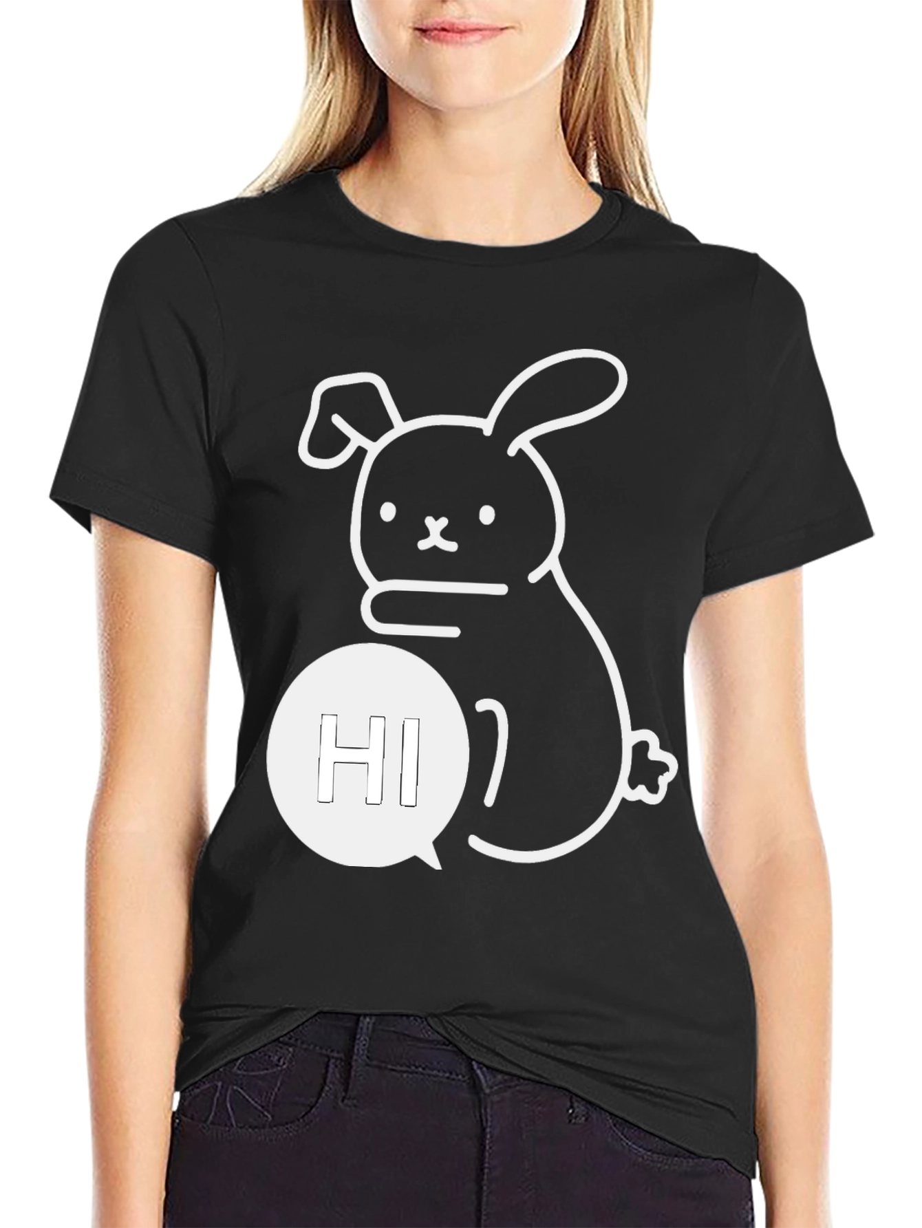 Cute Bunny Hi Graphic Tee - Black