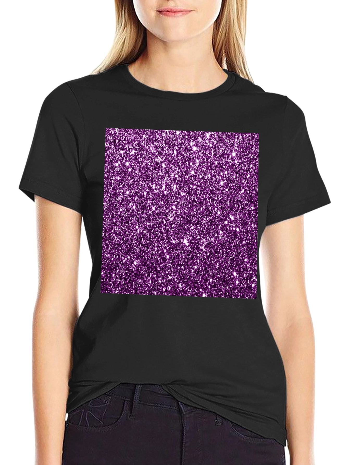 Purple Glitter Graphic Black Tee Shirt