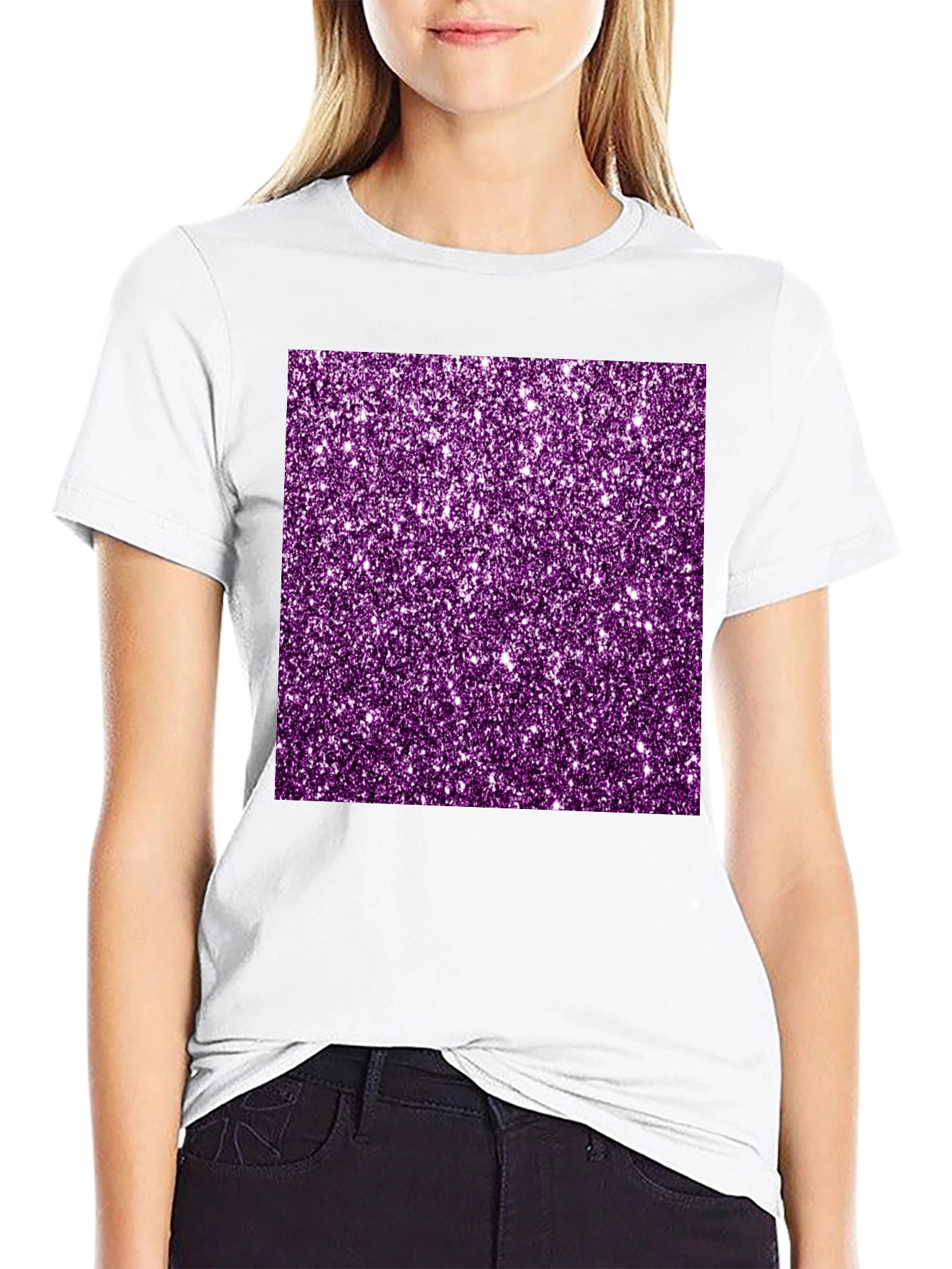 Purple Glitter Graphic Black Tee Shirt