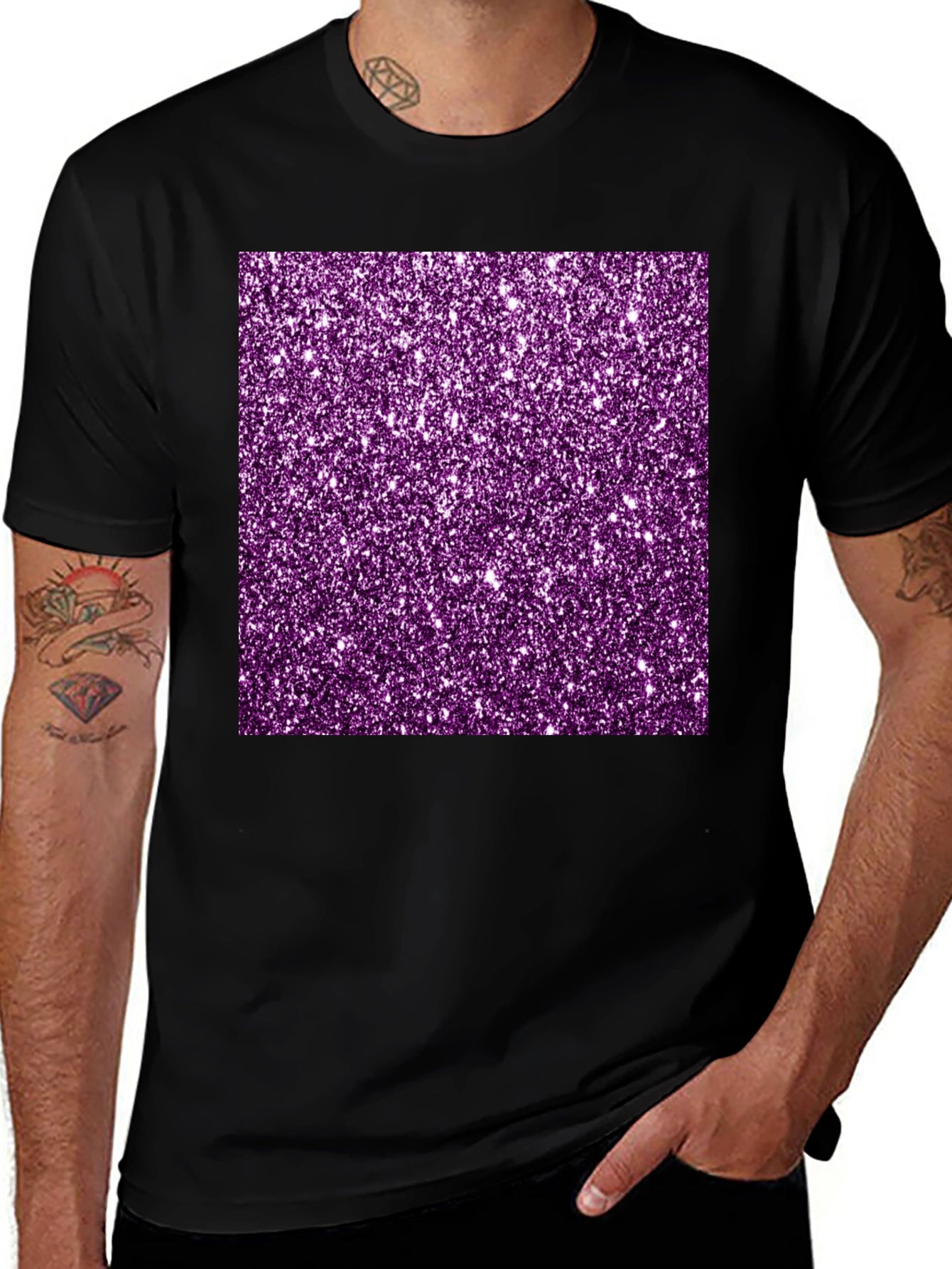 Purple Glitter Graphic Black Tee Shirt