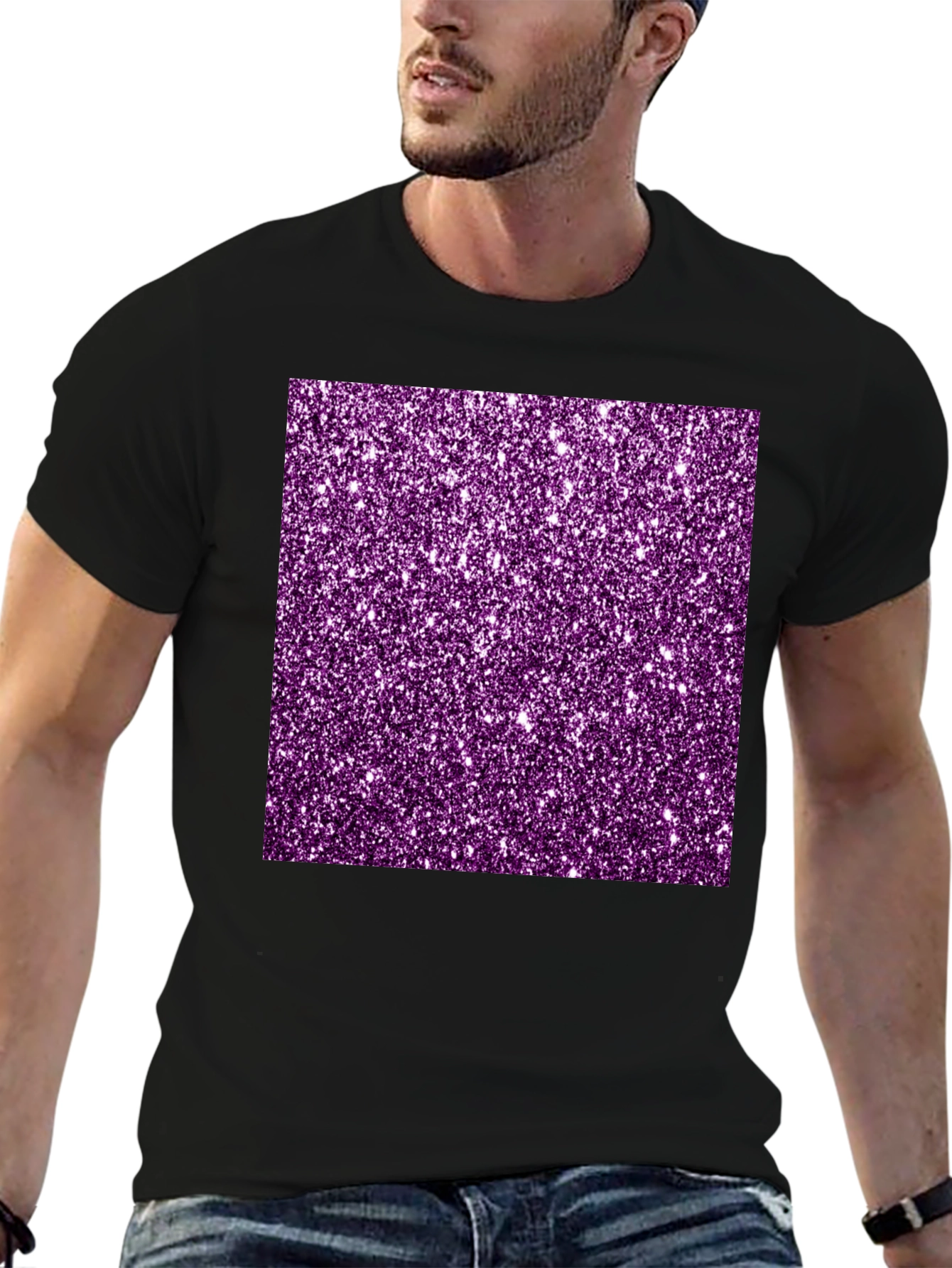 Purple Glitter Graphic Black Tee Shirt