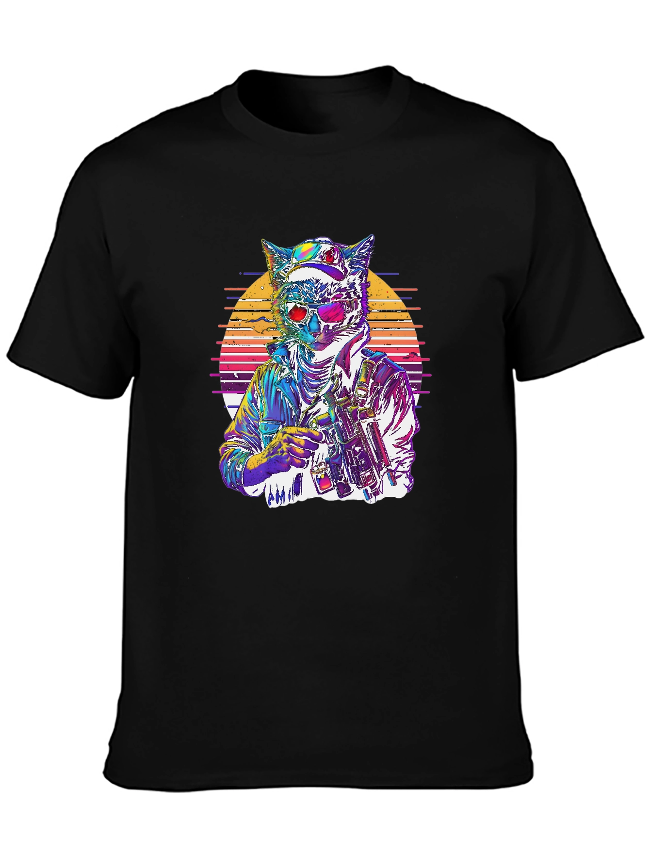 Retro Cat Warrior Graphic Tee - Black