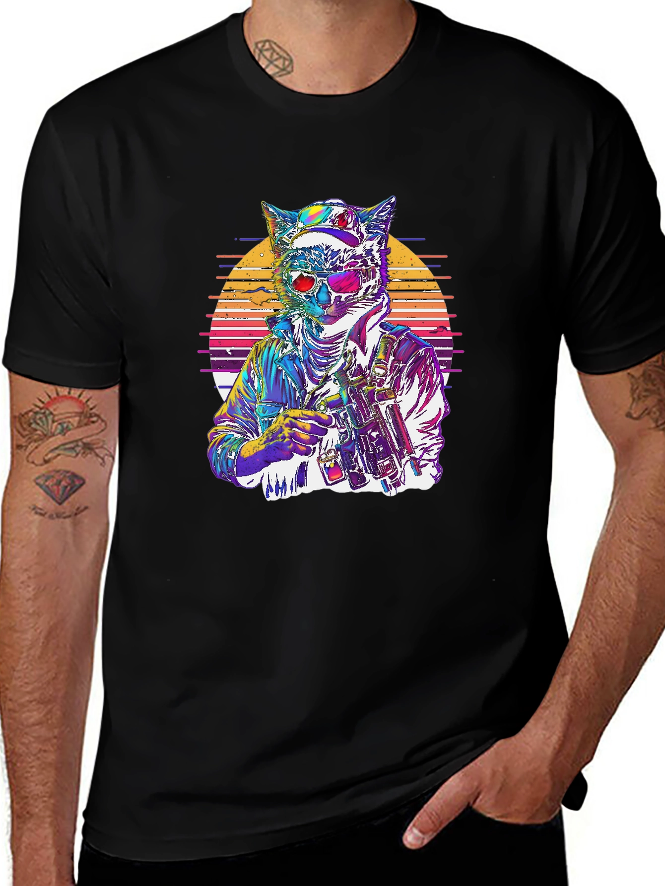 Retro Cat Warrior Graphic Tee - Black