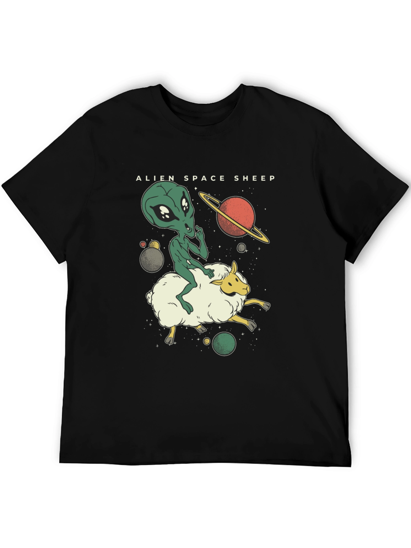 Alien Space Sheep Graphic Tee - Black Cotton T-Shirt
