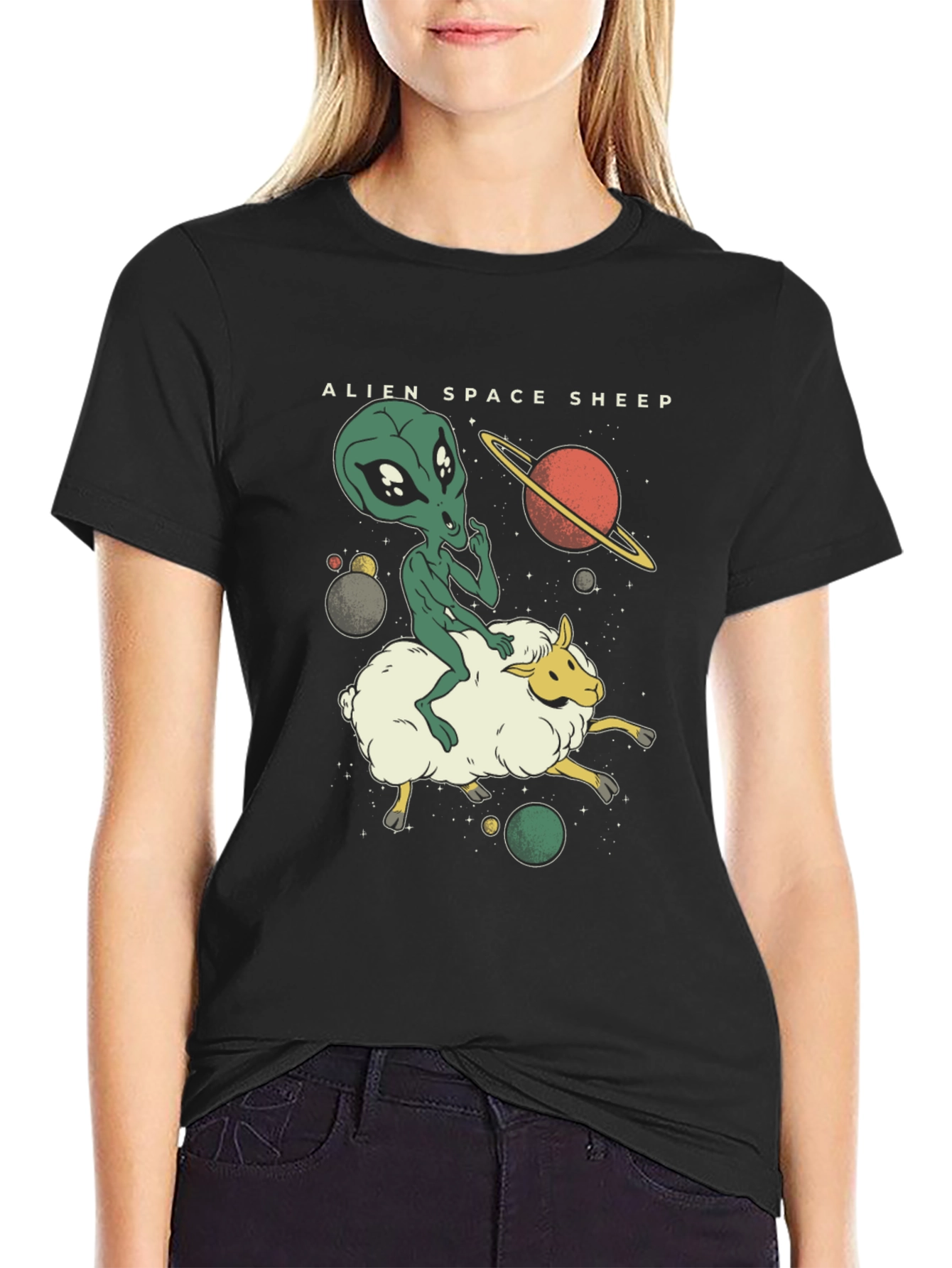 Alien Space Sheep Graphic Tee - Black Cotton T-Shirt