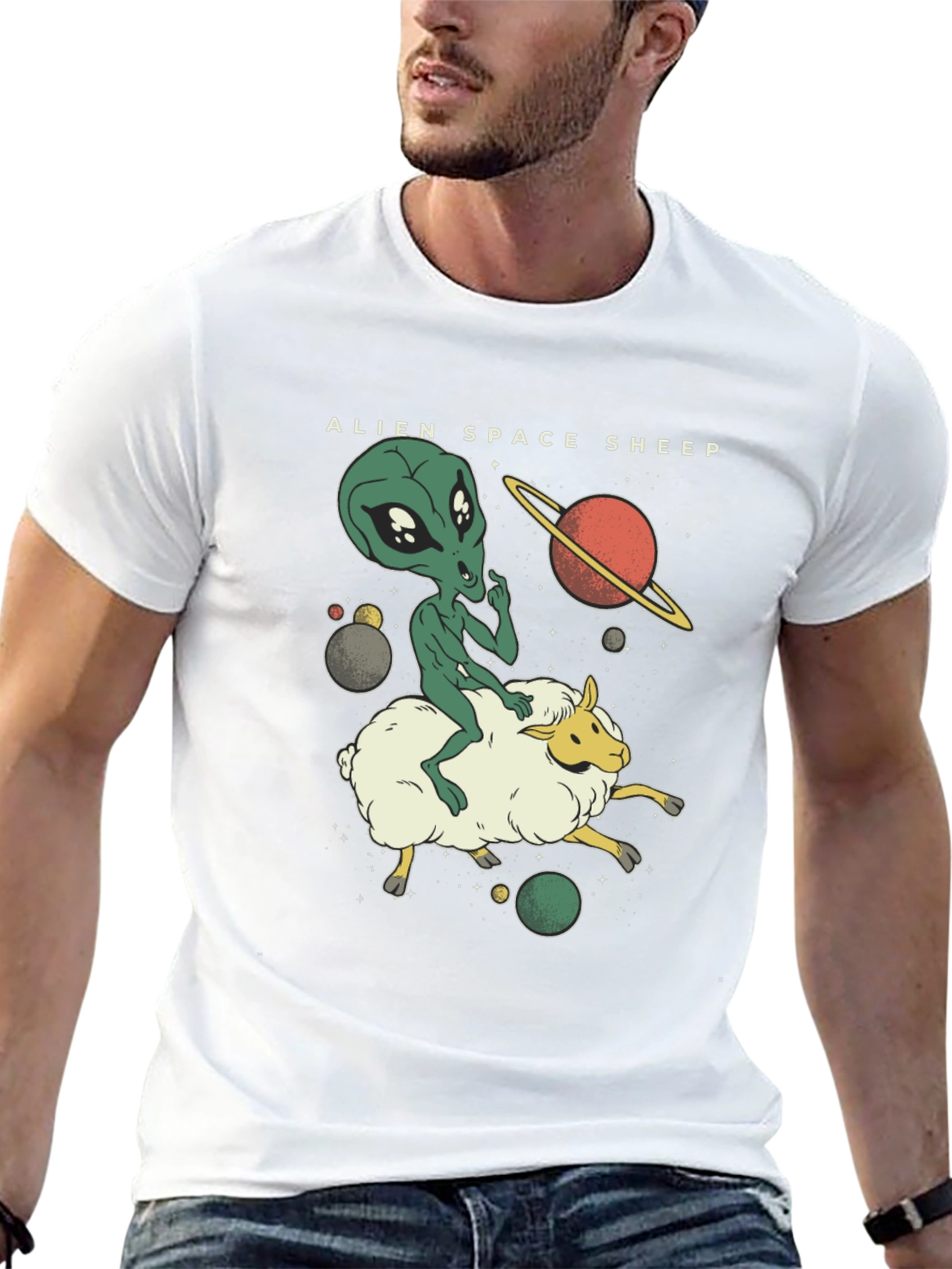 Alien Space Sheep Graphic Tee - Black Cotton T-Shirt