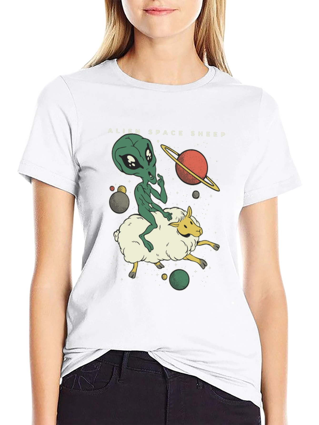 Alien Space Sheep Graphic Tee - Black Cotton T-Shirt