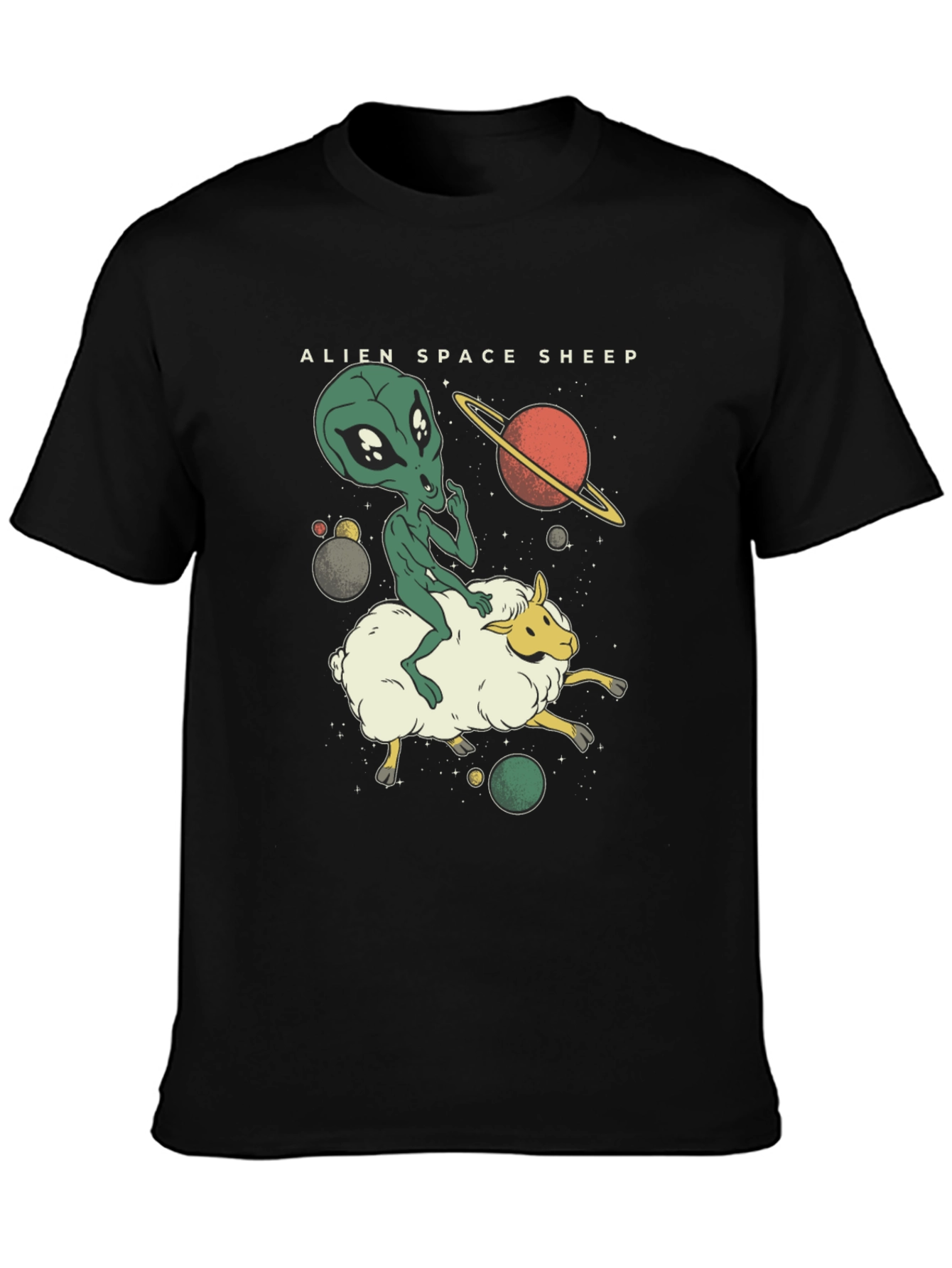Alien Space Sheep Graphic Tee - Black Cotton T-Shirt