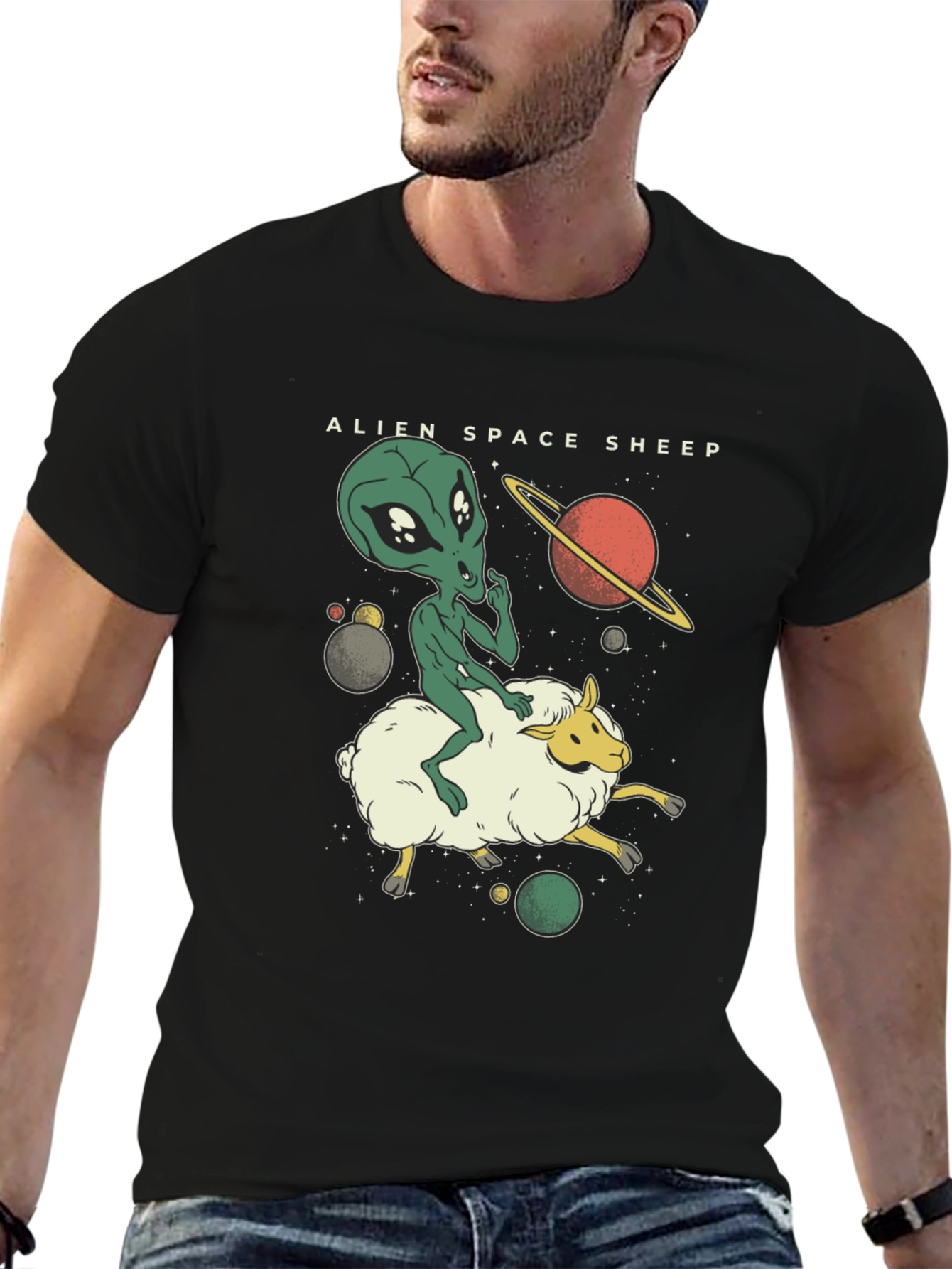 Alien Space Sheep Graphic Tee - Black Cotton T-Shirt