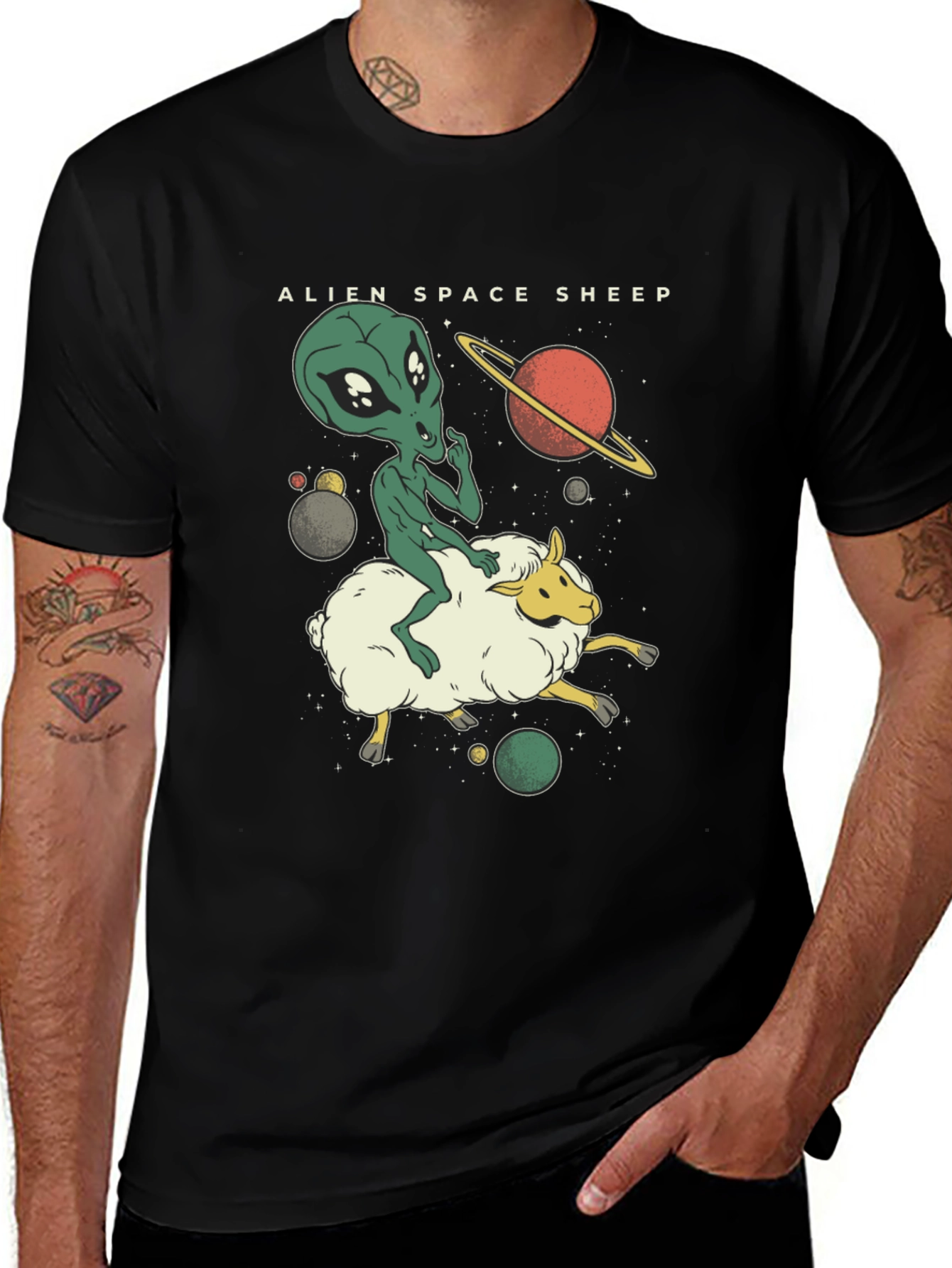 Alien Space Sheep Graphic Tee - Black Cotton T-Shirt