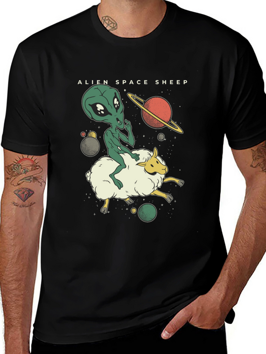 Alien Space Sheep Graphic Tee - Black Cotton T-Shirt