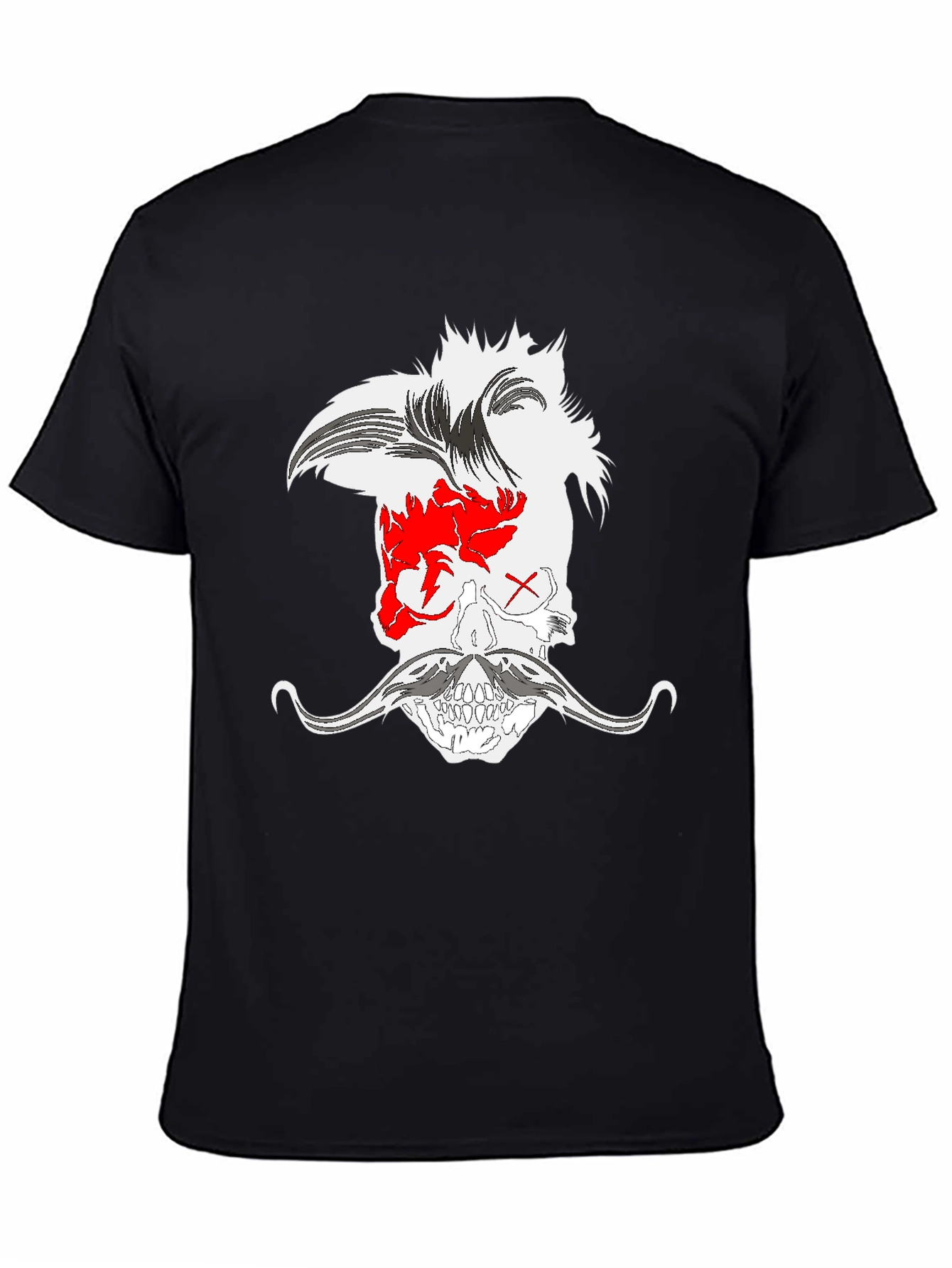 Skull with Mohawk and Moustache Graphic Tee - Black