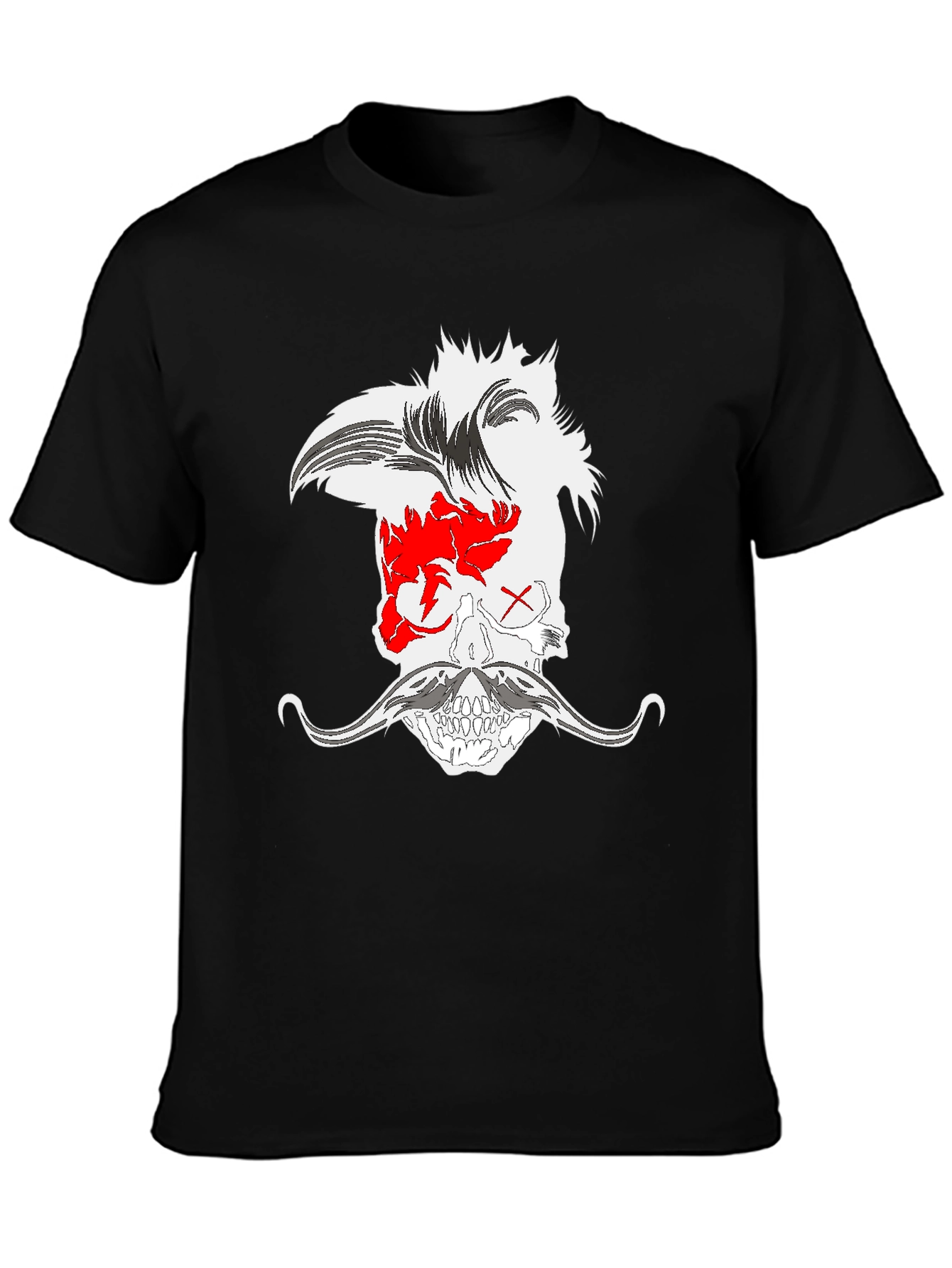 Skull with Mohawk and Moustache Graphic Tee - Black
