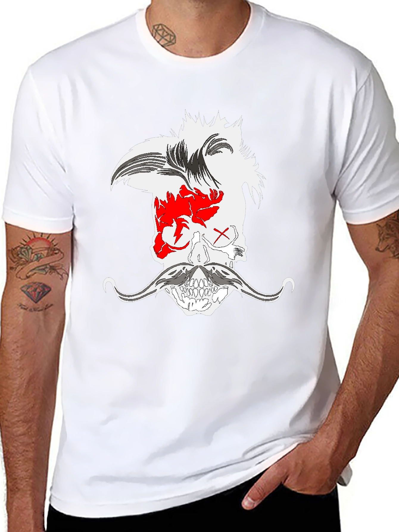 Skull with Mohawk and Moustache Graphic Tee - Black