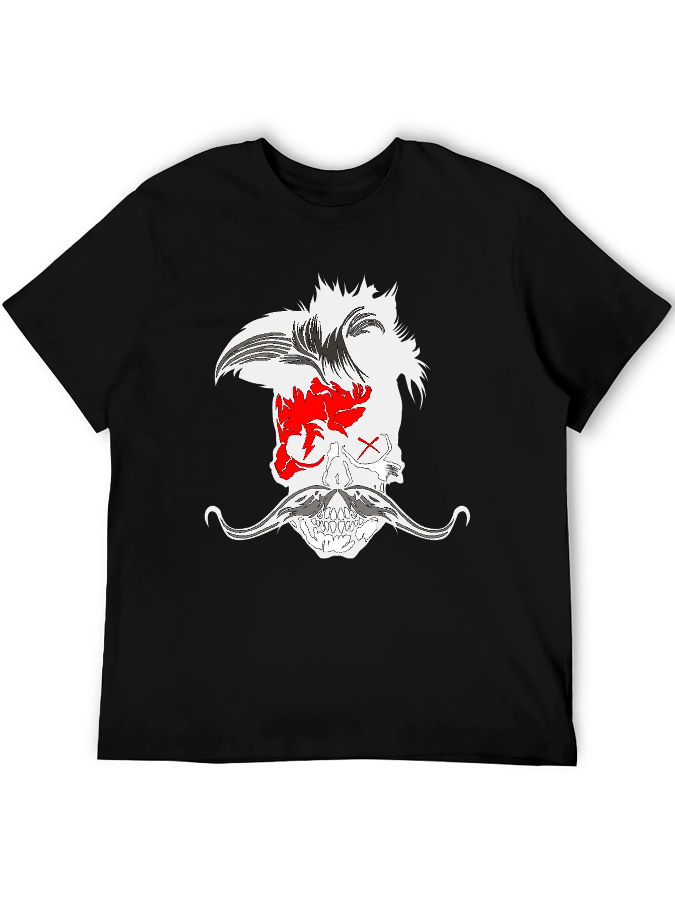 Skull with Mohawk and Moustache Graphic Tee - Black