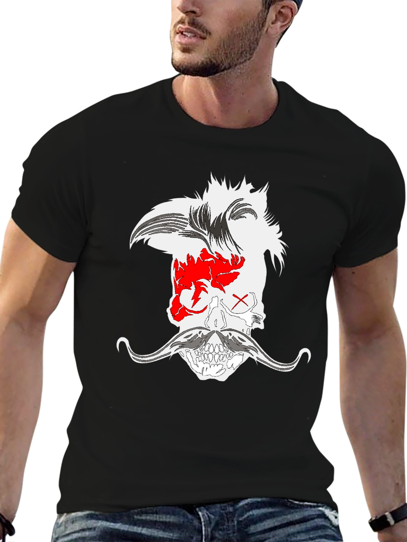 Skull with Mohawk and Moustache Graphic Tee - Black