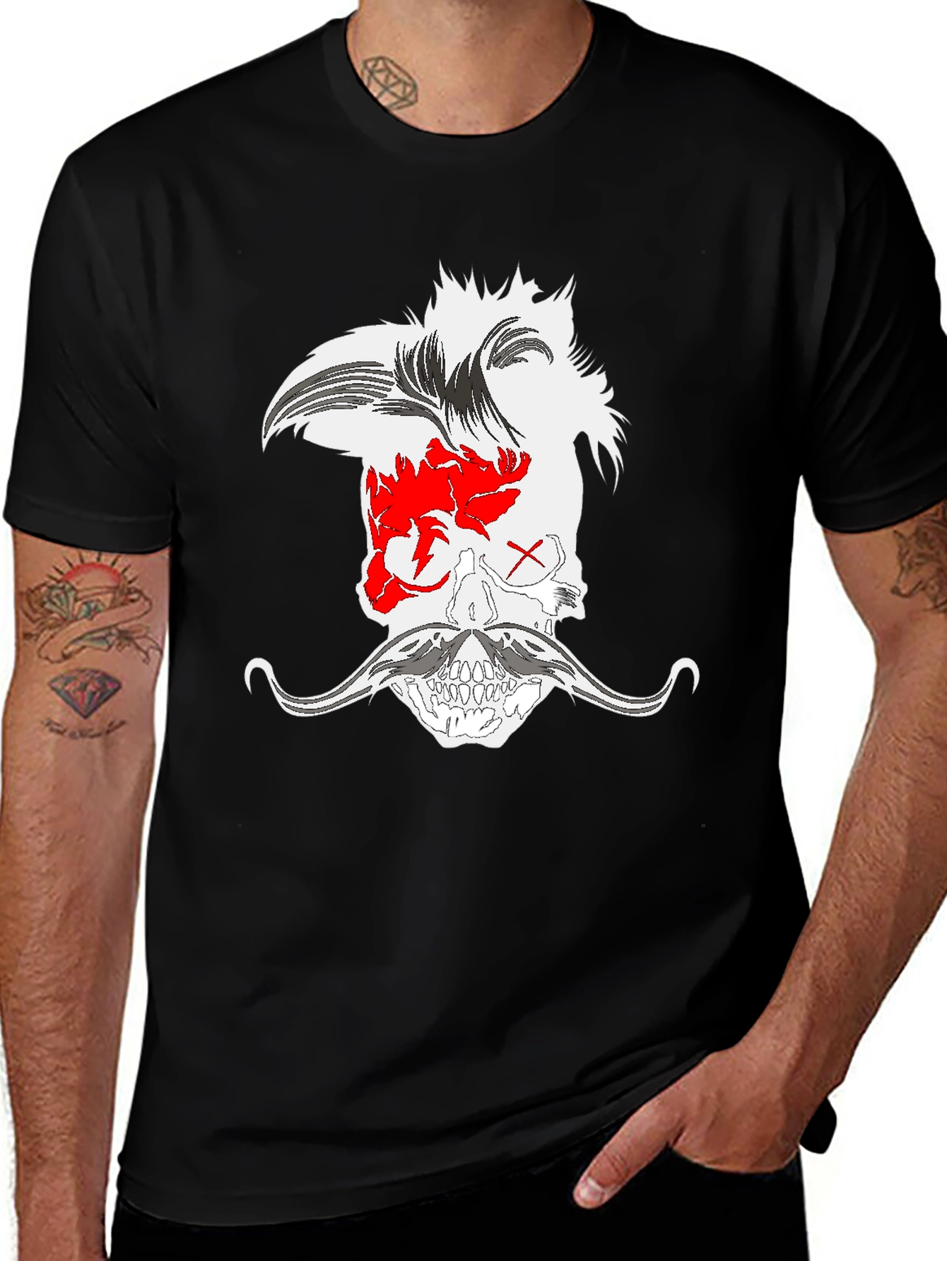 Skull with Mohawk and Moustache Graphic Tee - Black