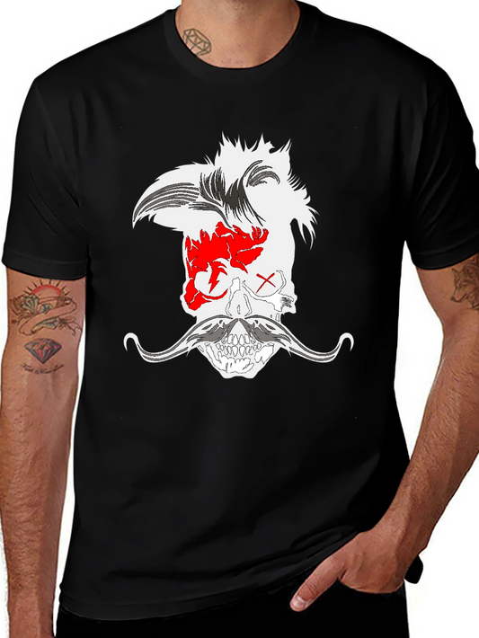 Skull with Mohawk and Moustache Graphic Tee - Black