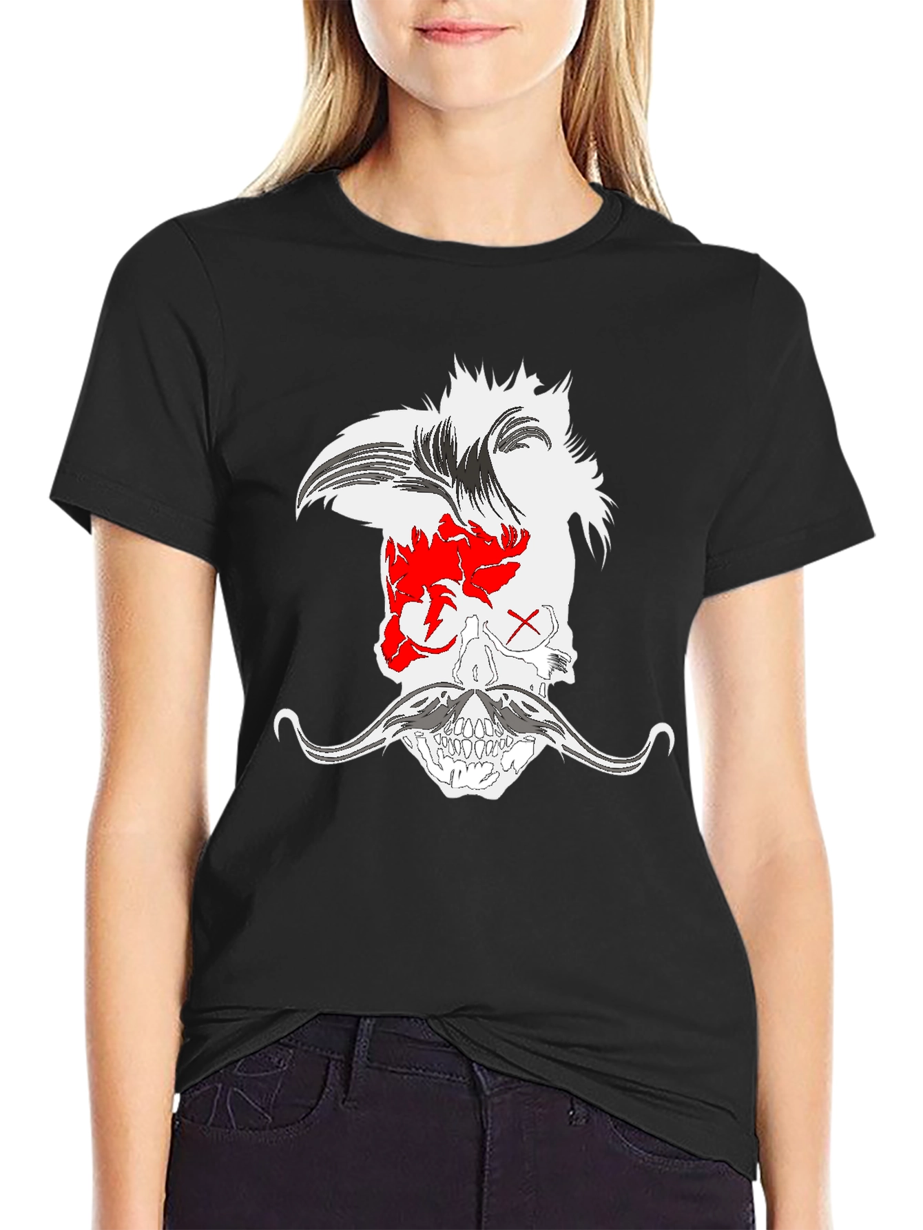 Skull with Mohawk and Moustache Graphic Tee - Black