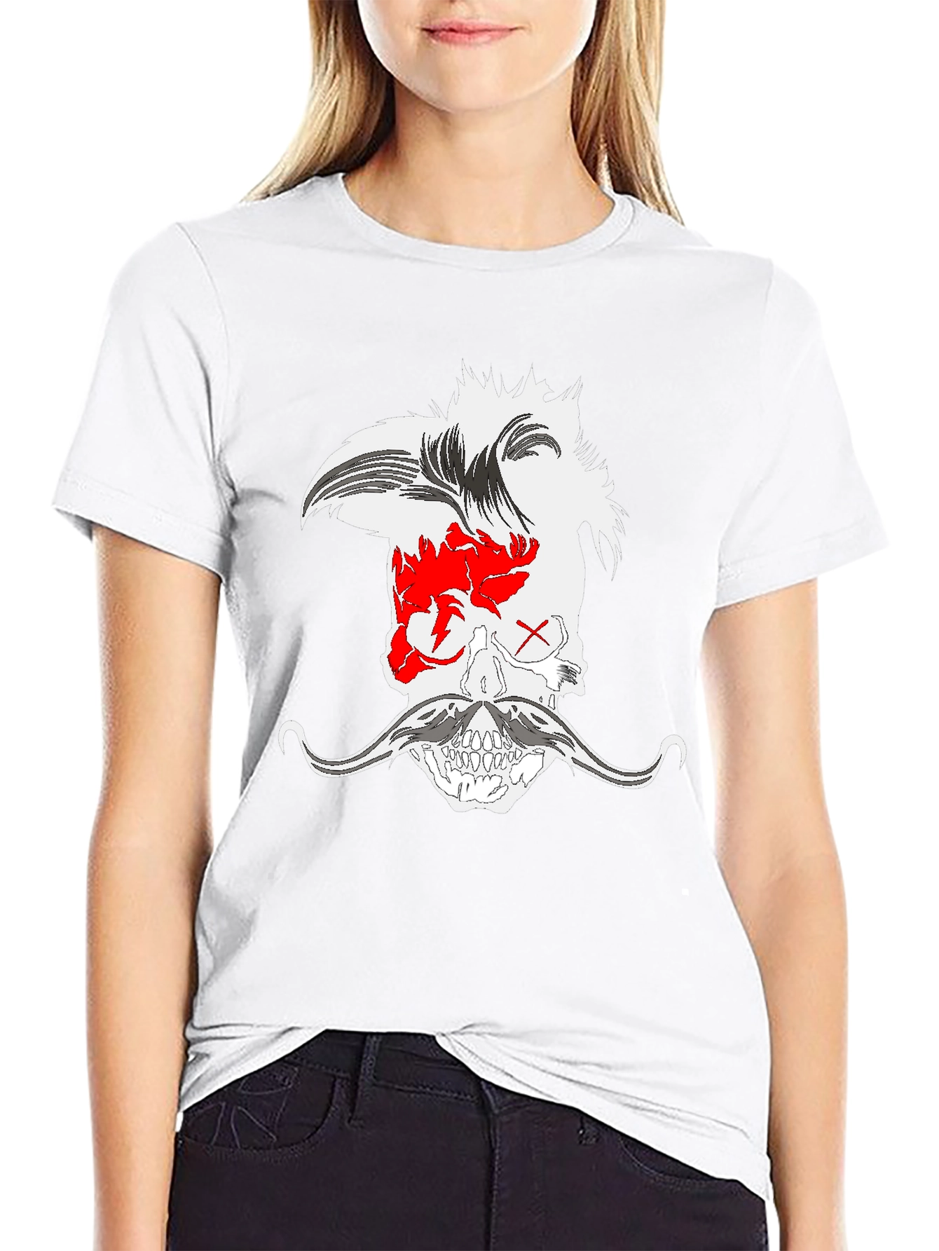 Skull with Mohawk and Moustache Graphic Tee - Black