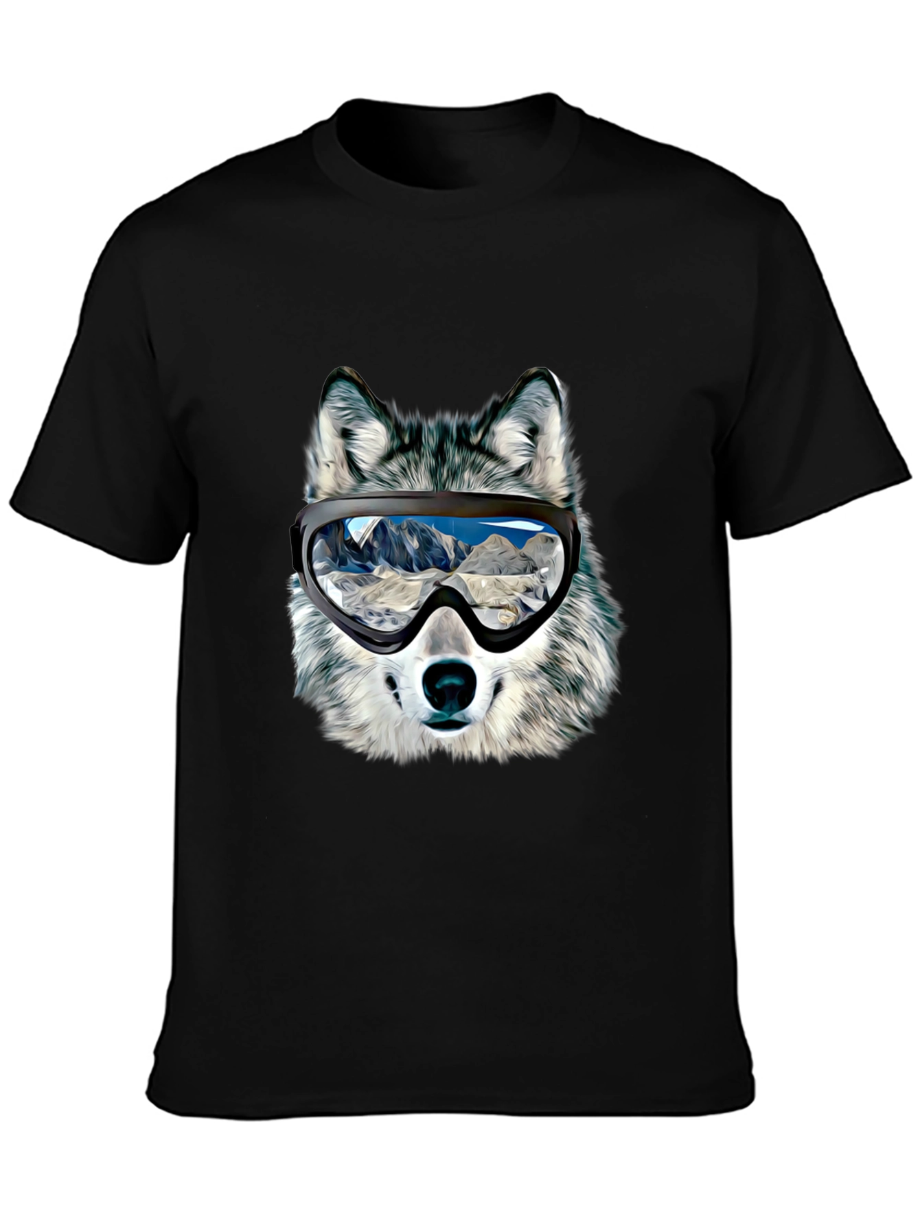 Wolf Ski Goggles Graphic Tee - Black Cotton Blend